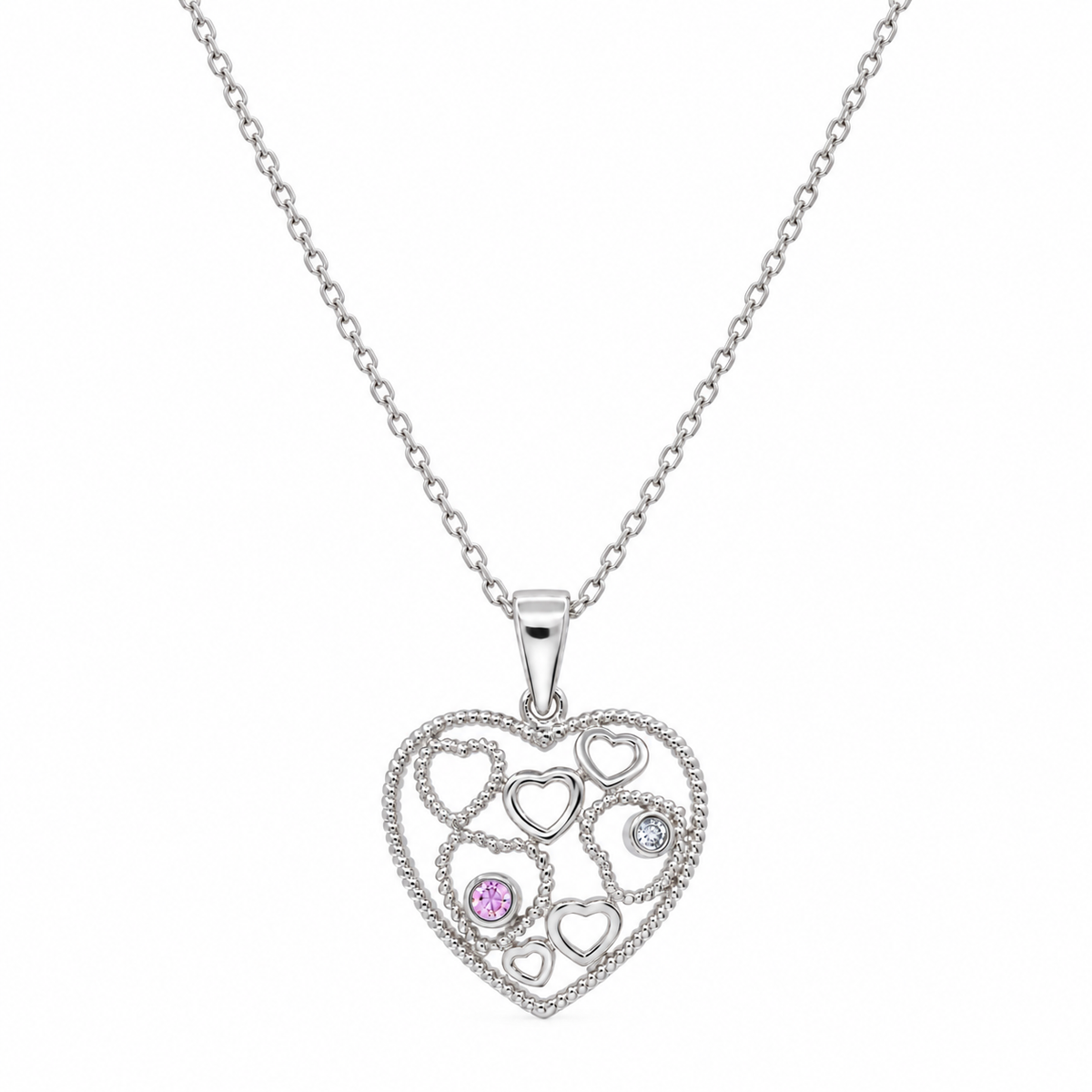 Clearance-Rhodium Plated Open Multi Heart Pink CZ  Earring and Necklace Set - STS00143
