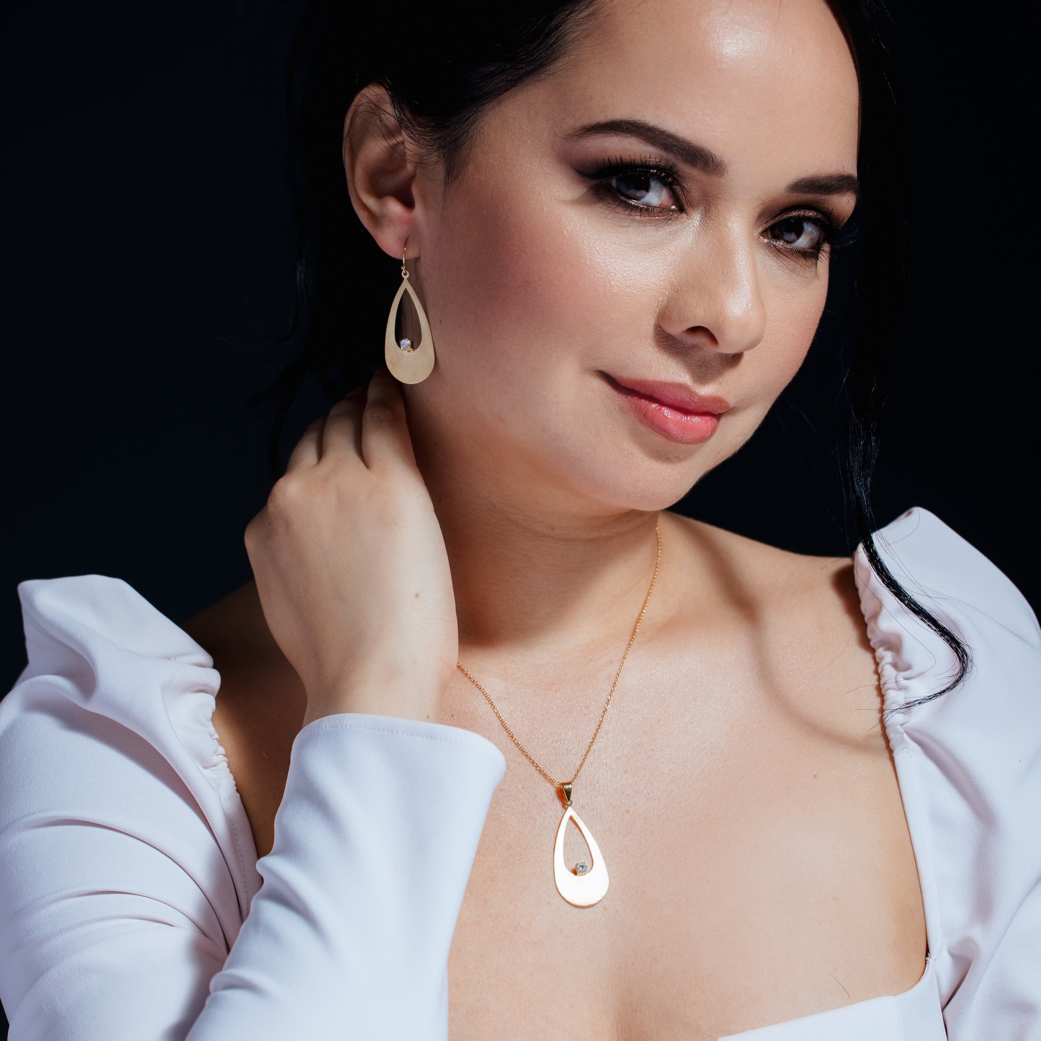 Clearance-Silver 925 Gold Plated Open Teardrop CZ Earring and Necklace Set - STS00145