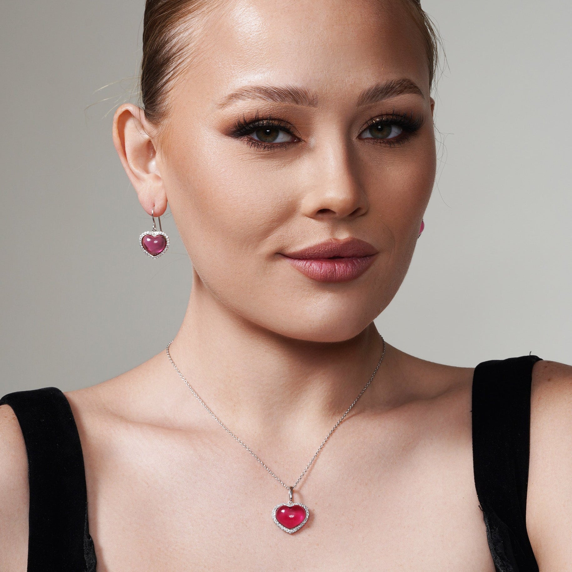 Clearance-Silver 925 Rhodium Plated Heart Pink CZ Hoop Set - STS00147