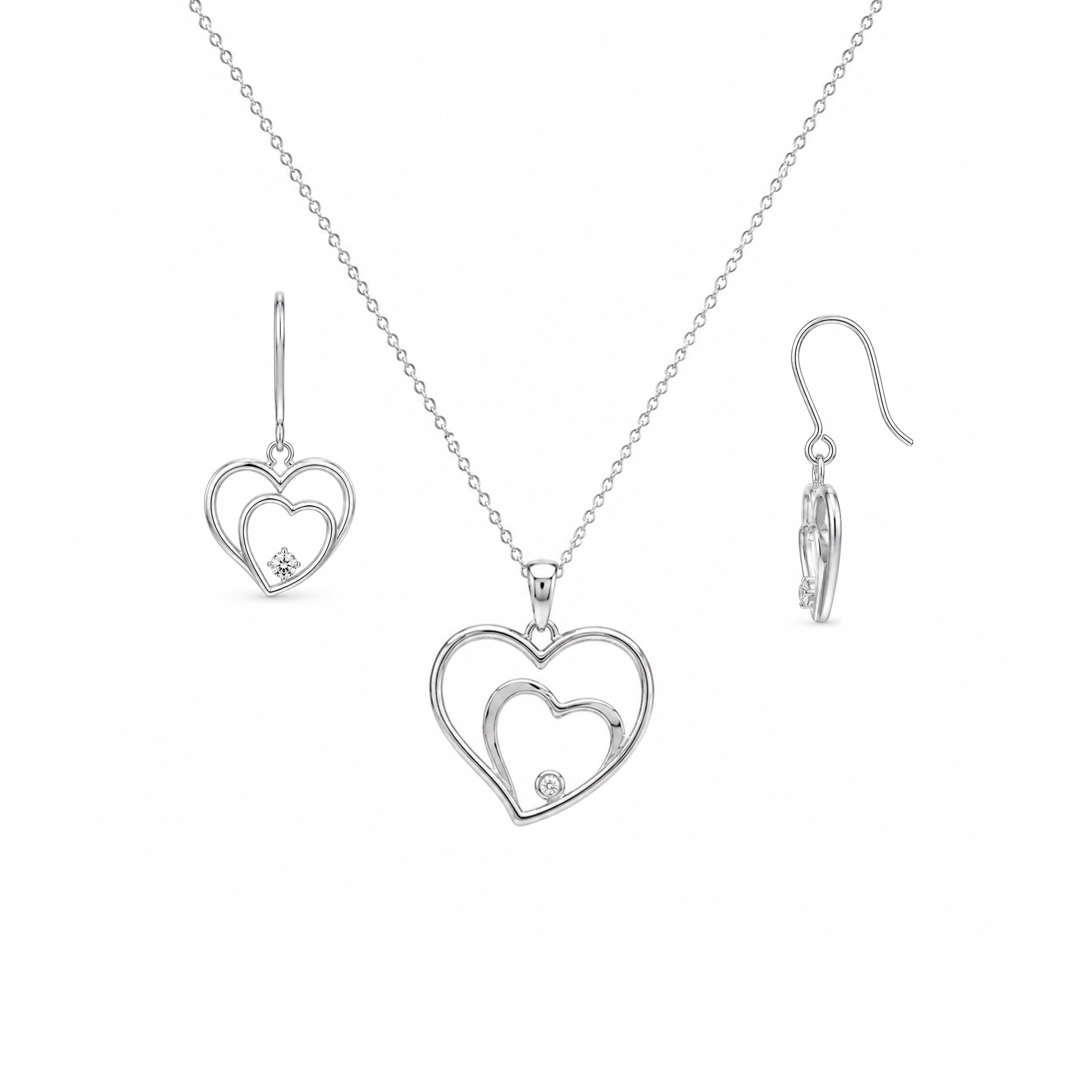 Rhodium Plated 925 Silver Graduated Open Heart CZ Dangling Hook Earring and Necklace Set - STS00176