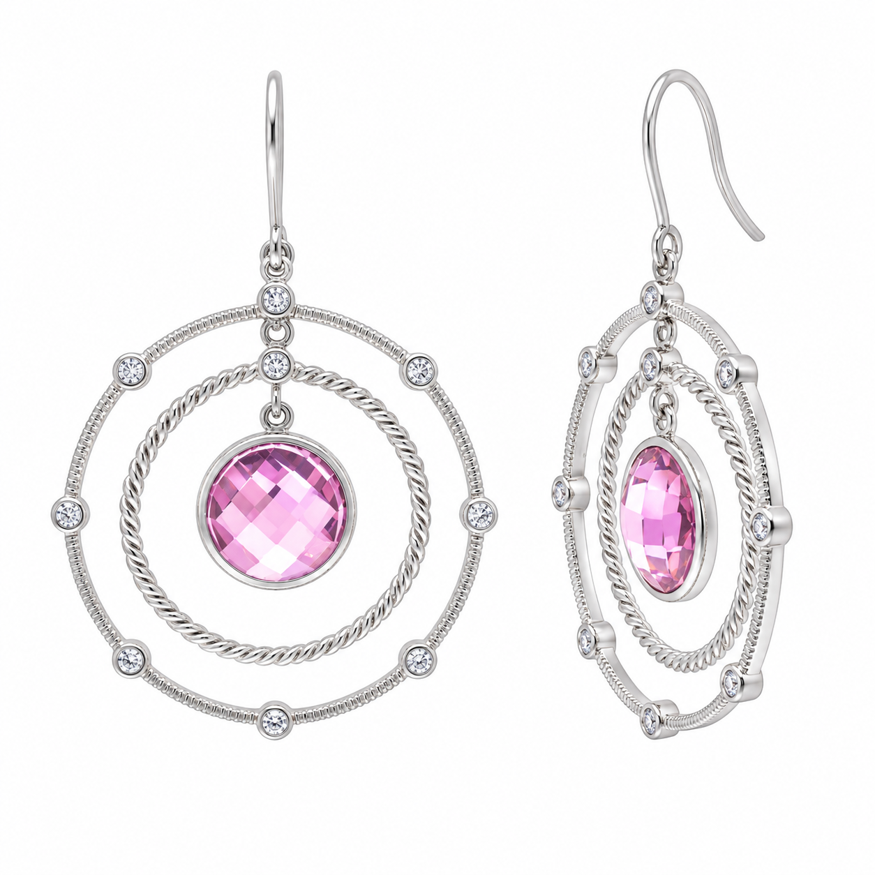 Final Price- Rhodium Plated 925 Sterling Silver Multi Textured Circle Clear & Pink CZ Necklace and Earring Set- STS00181