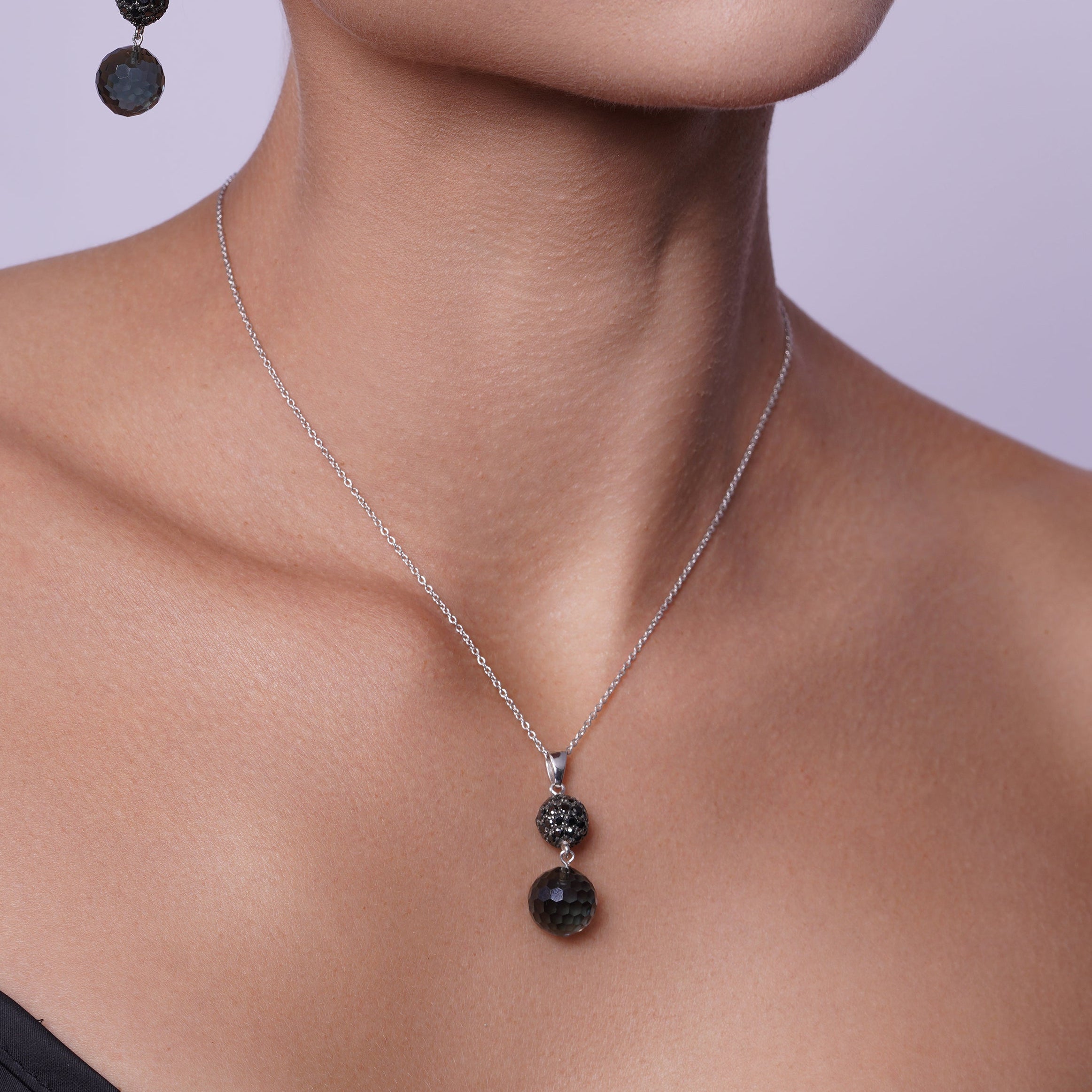 Clearance-Silver Black and Rhodium Plated Graduated Multicolor Round CZ Dangling Hook Earring and Necklace Set - STS00188