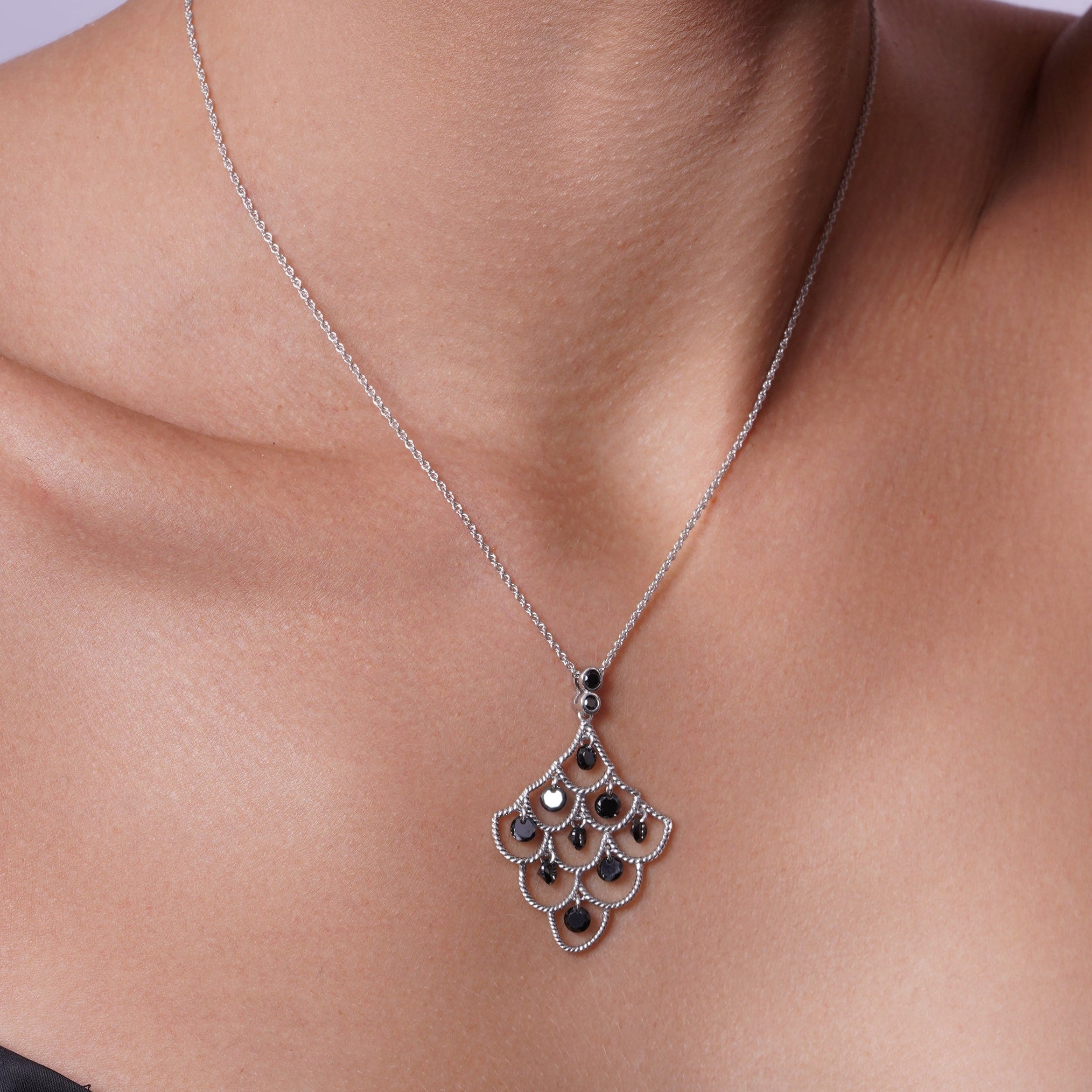 Clearance-Silver 925 Rhodium Plated Black White Enamel CZ Chandelier Dangling Earring and Necklace Set - STS00193