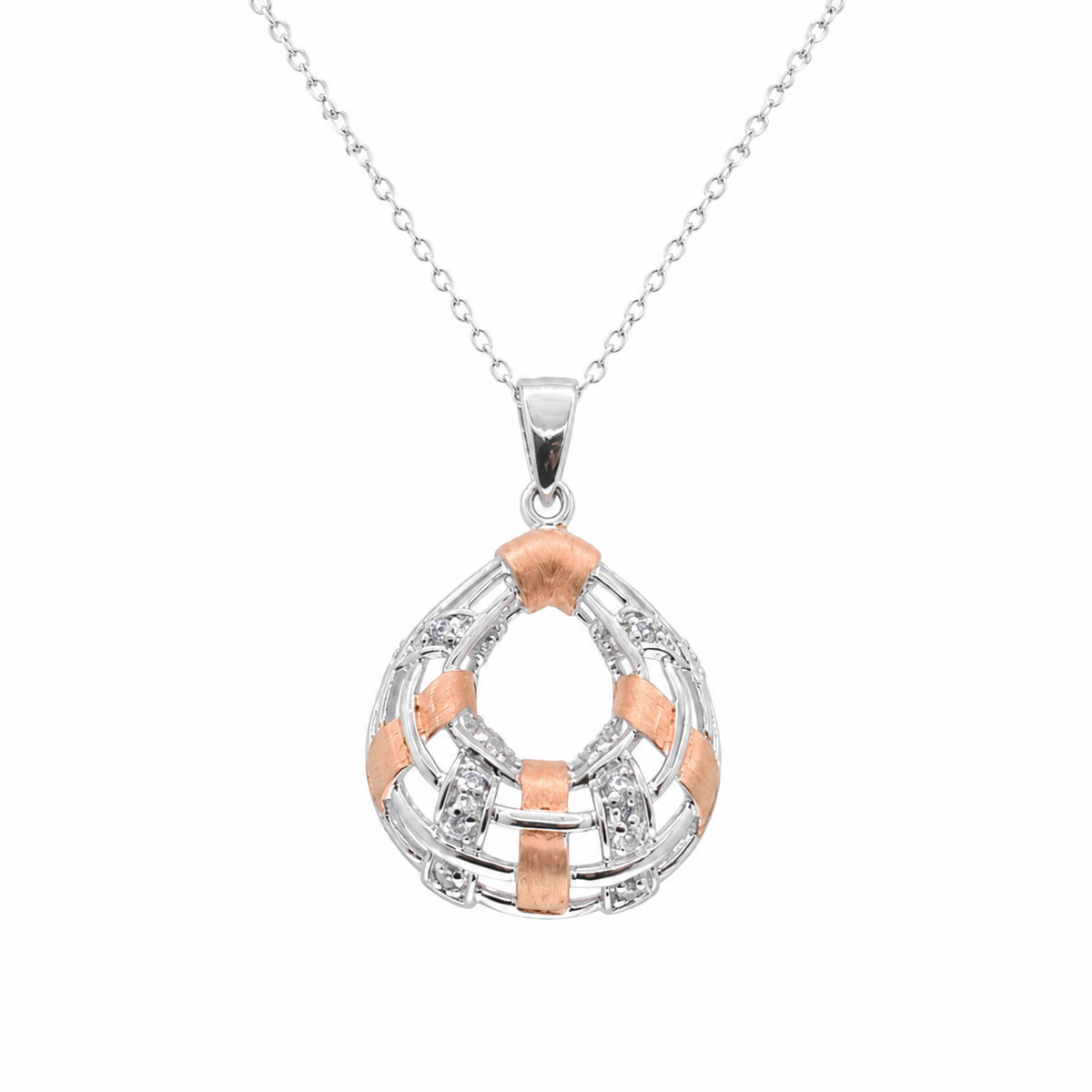 Final Price-Two Tone Plated 925 Sterling Silver Accented CZ Teardrop Pendant & Earring Jewelry Set- STS00201