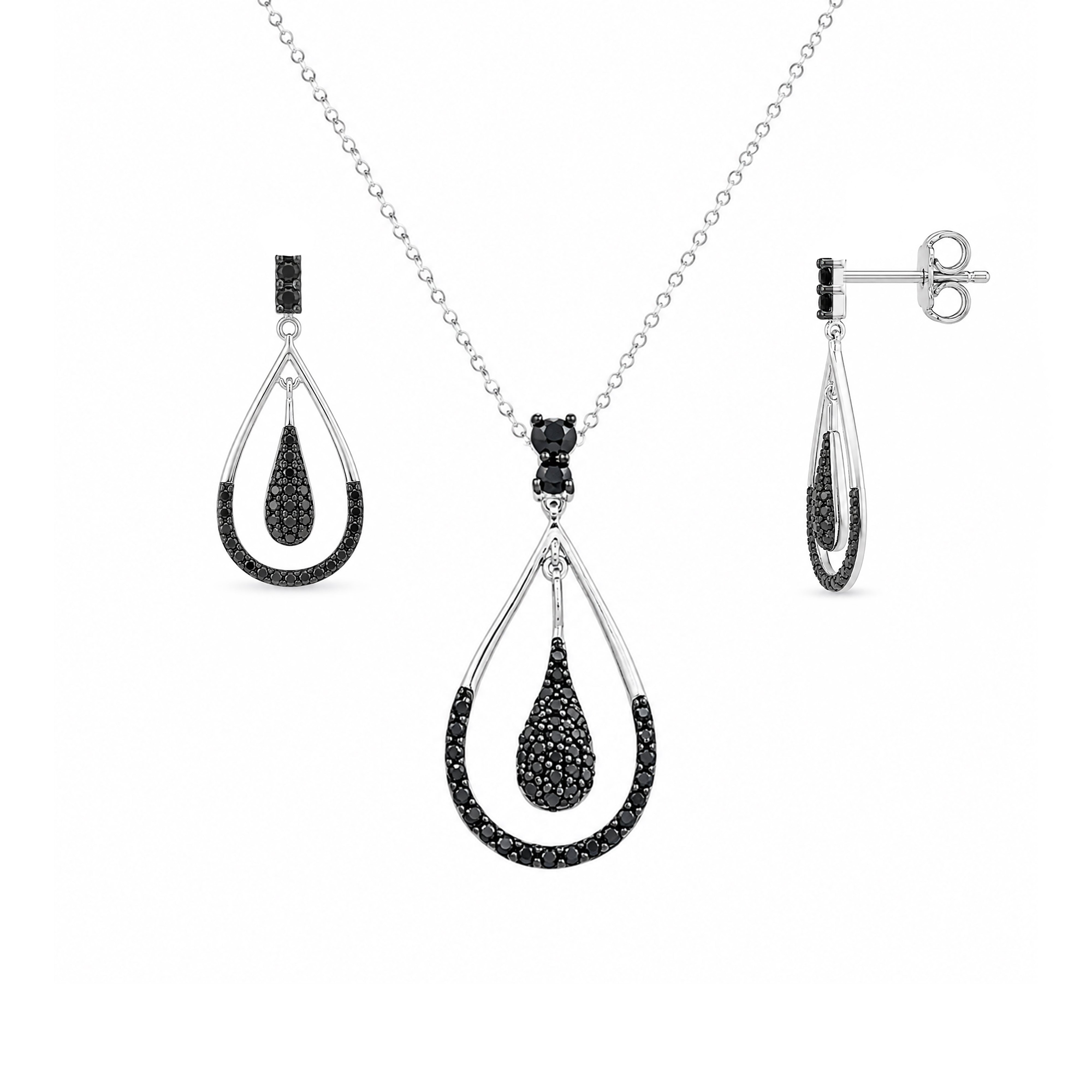 Rhodium Plated 925 Silver Open Teardrop Black or Clear CZ Dangling Set - STS00211