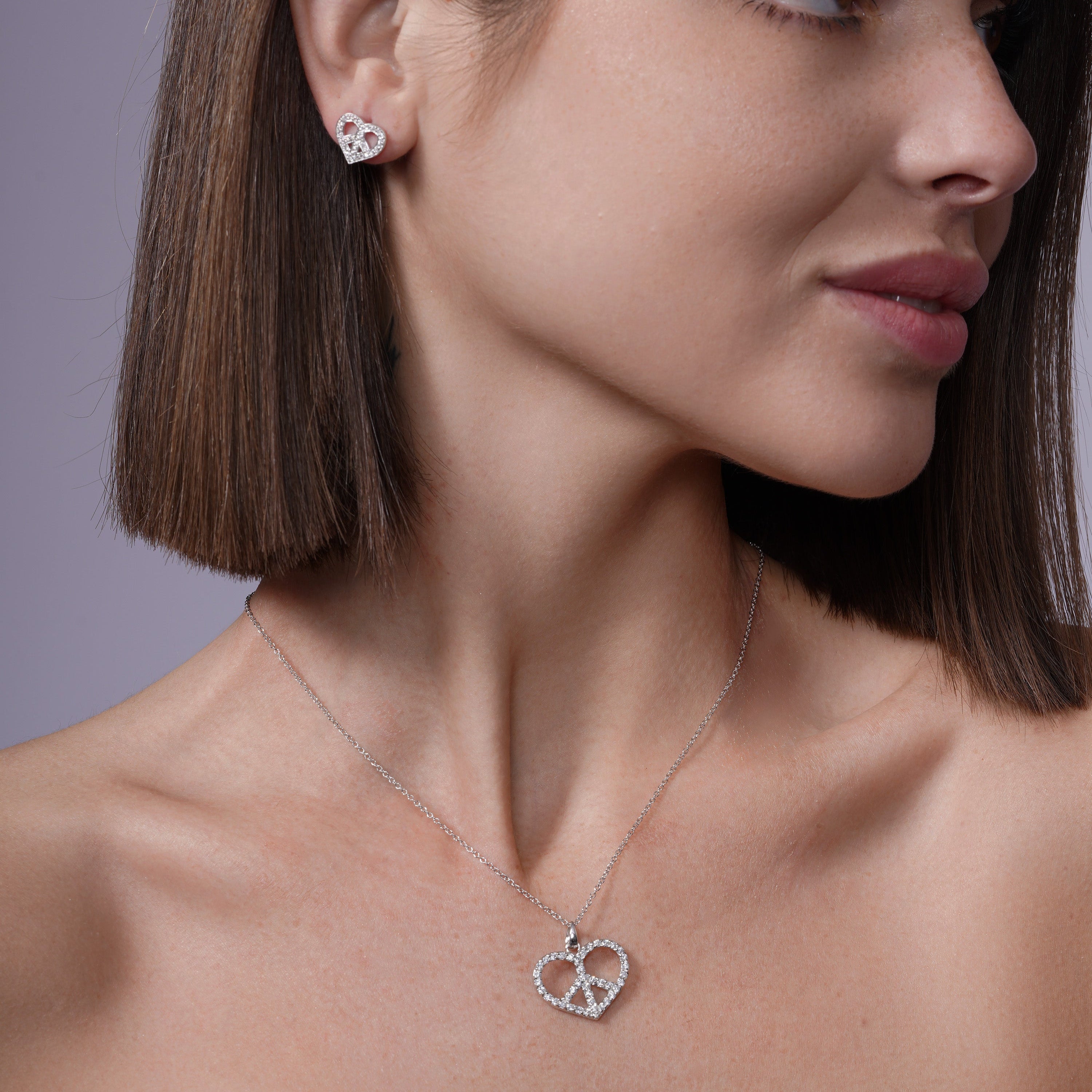 Clearance - Silver 925 Rhodium Plated Open Heart Peace Sign CZ Stud Earring and Necklace Set - STS00217