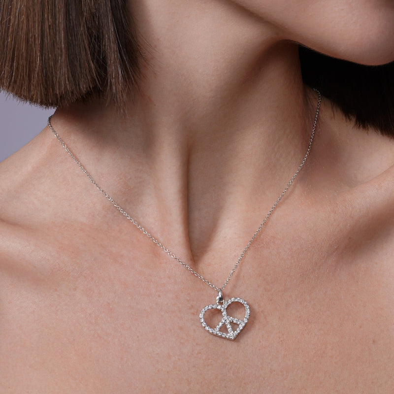 Silver 925 Rhodium Plated Open Heart Peace Sign CZ Stud Earring and Necklace Set - STS00217