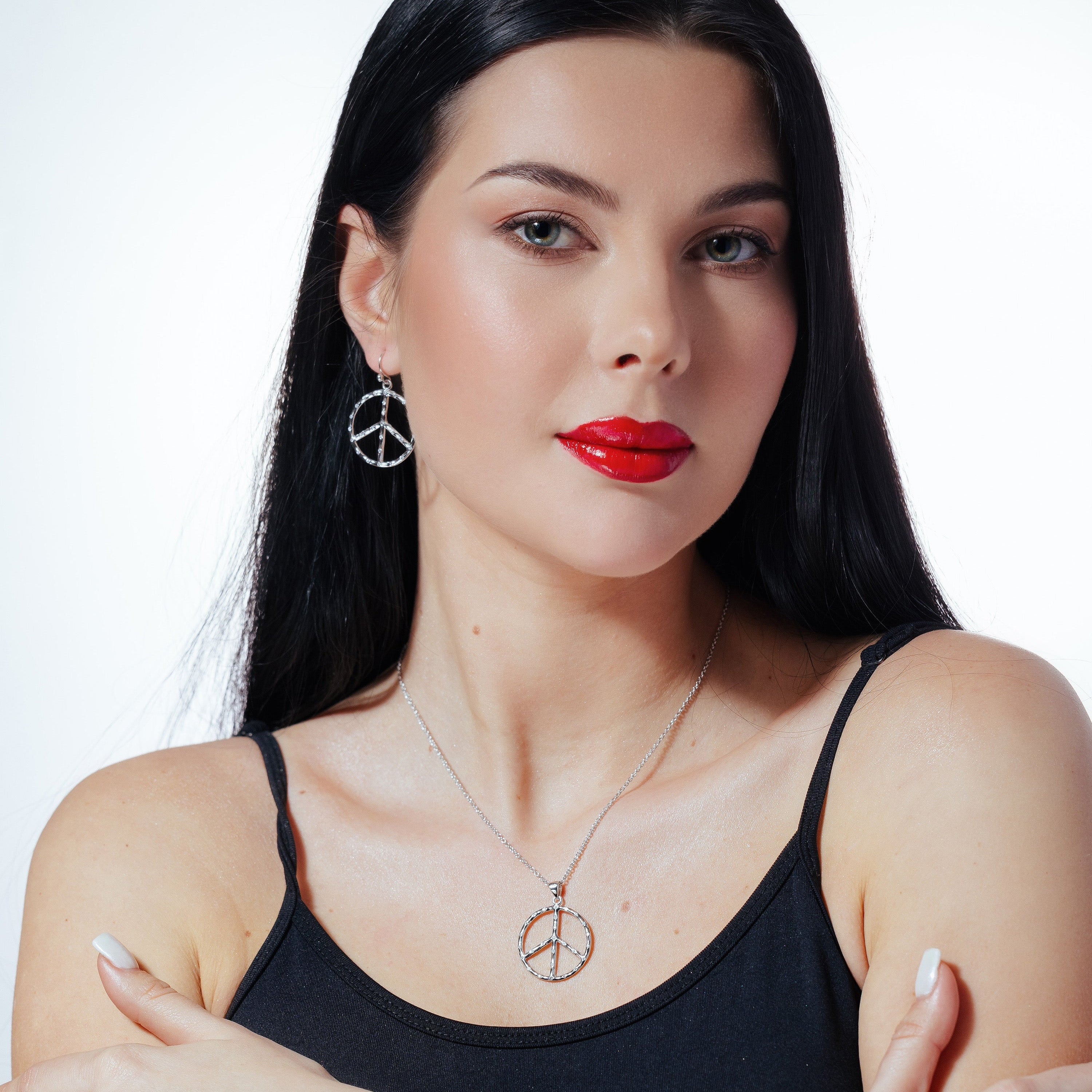 Liquidación - Conjunto de pendientes y collar con colgante de gancho y circonitas cúbicas con símbolo de la paz abierto, plata 925 rodiada - STS00219