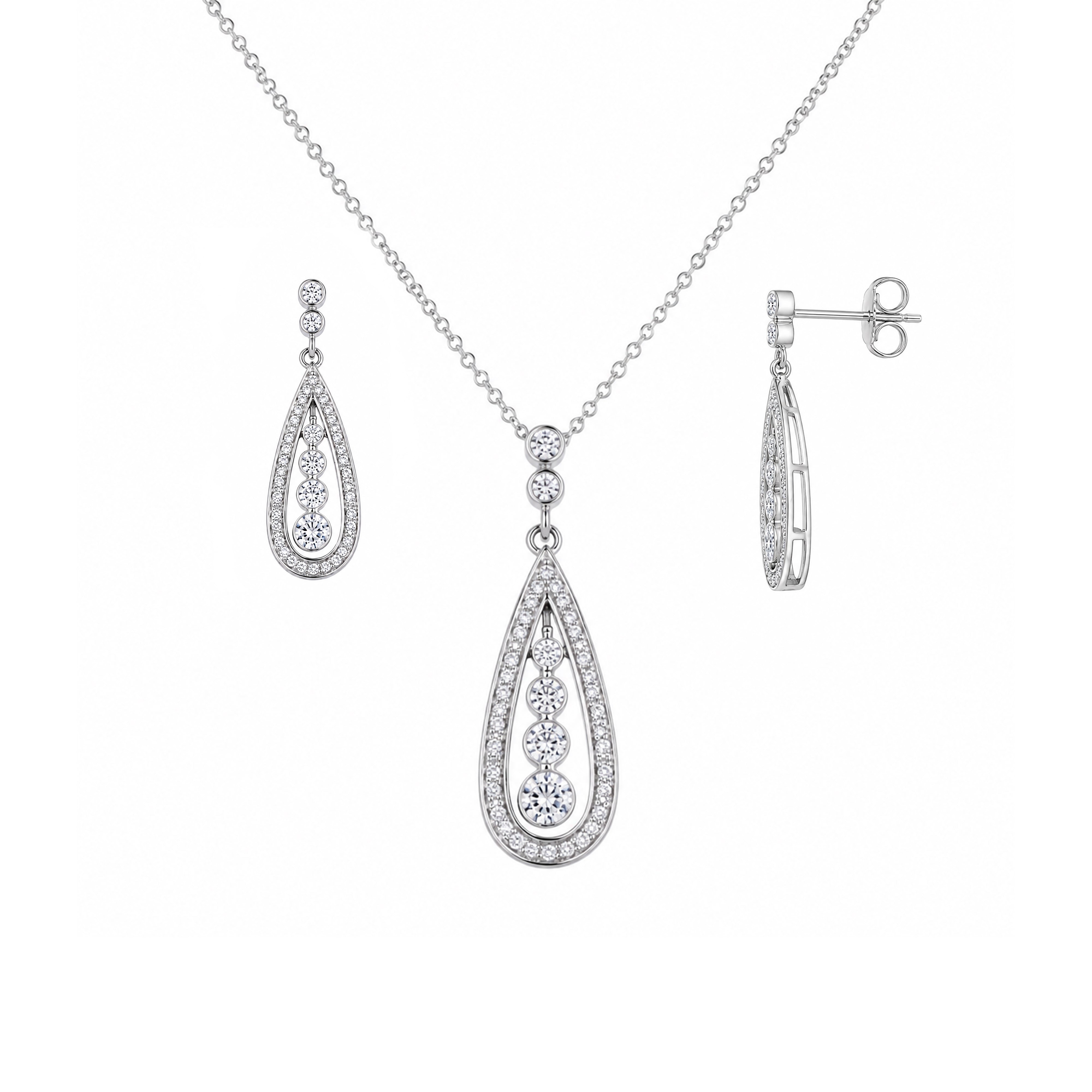 Rhodium Plated 925 Silver Teardrop Channel CZ Dangling Stud Earring and Necklace Set - STS00220
