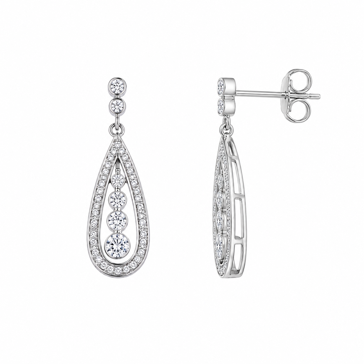 Rhodium Plated 925 Silver Teardrop Channel CZ Dangling Stud Earring and Necklace Set - STS00220