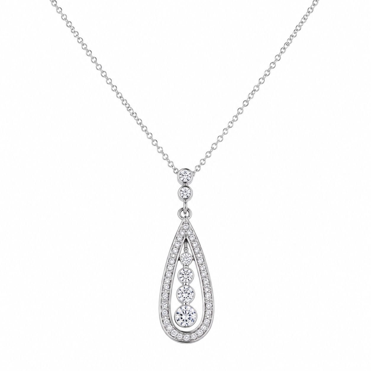 Rhodium Plated 925 Silver Teardrop Channel CZ Dangling Stud Earring and Necklace Set - STS00220