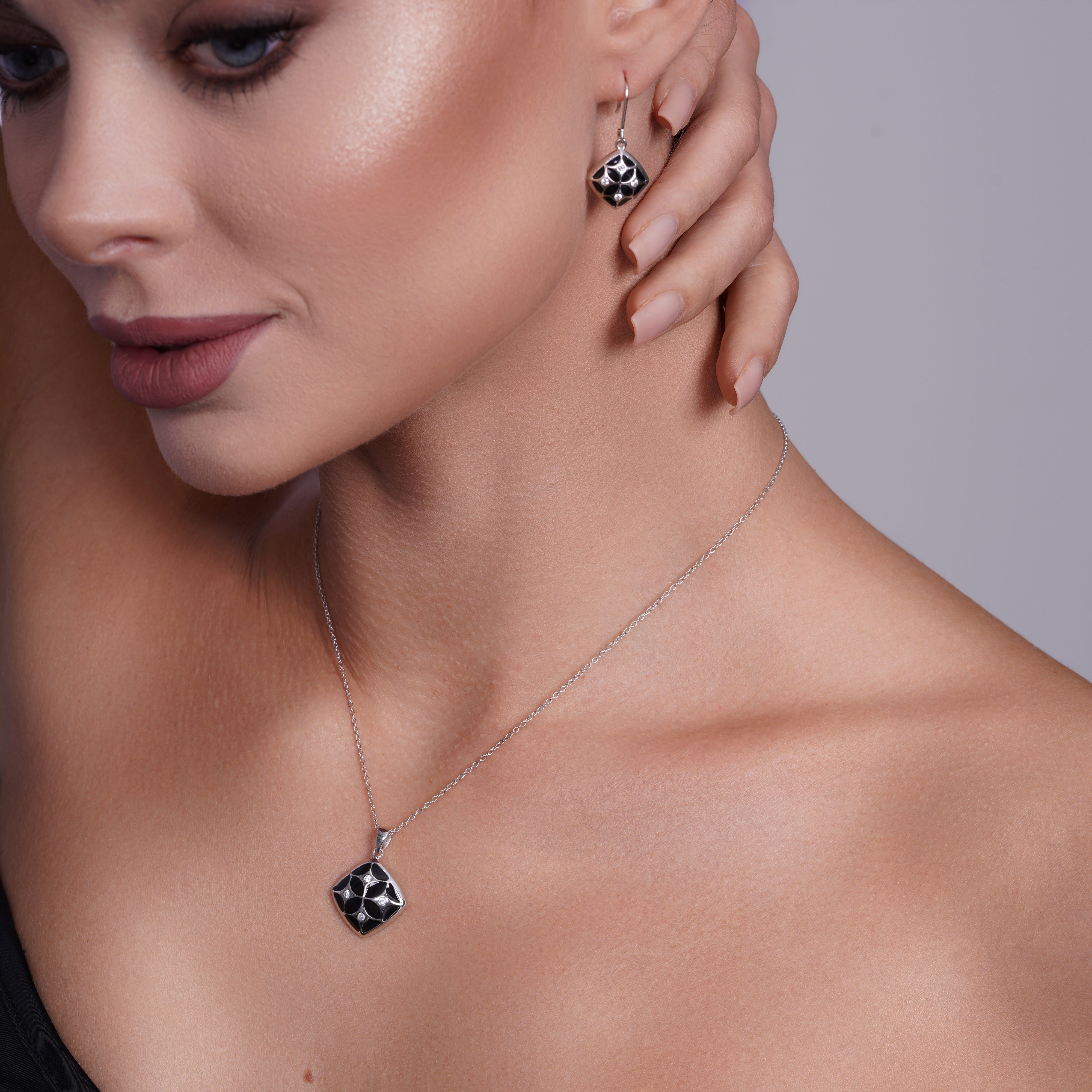 Clearance-Silver 925 Rhodium Plated Square Antique Design CZ Dangling Hook Earring and Necklace Set - STS00225