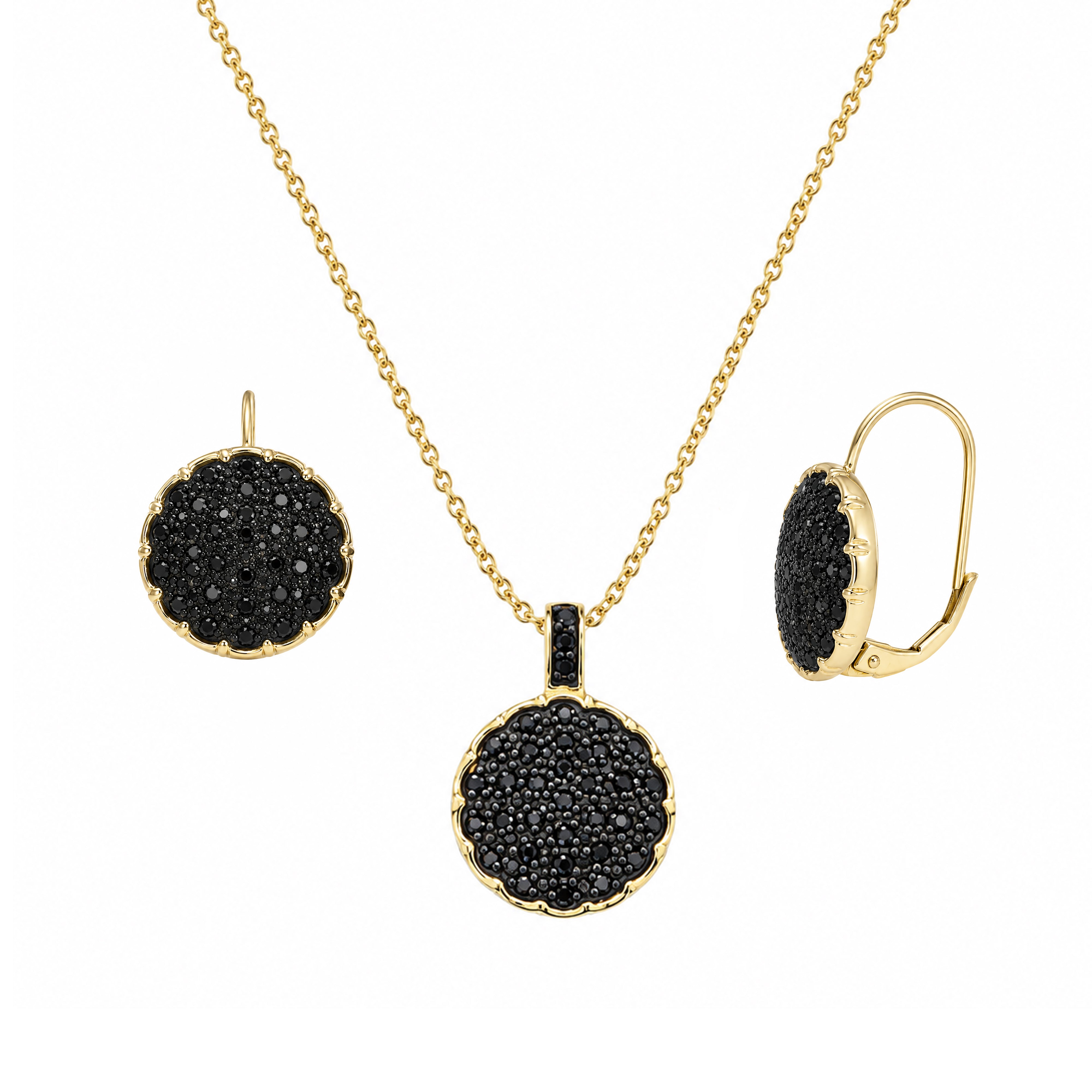 Gold Plated 925 Silver Round Black CZ Lever Back Earring and Necklace Set - STS00231