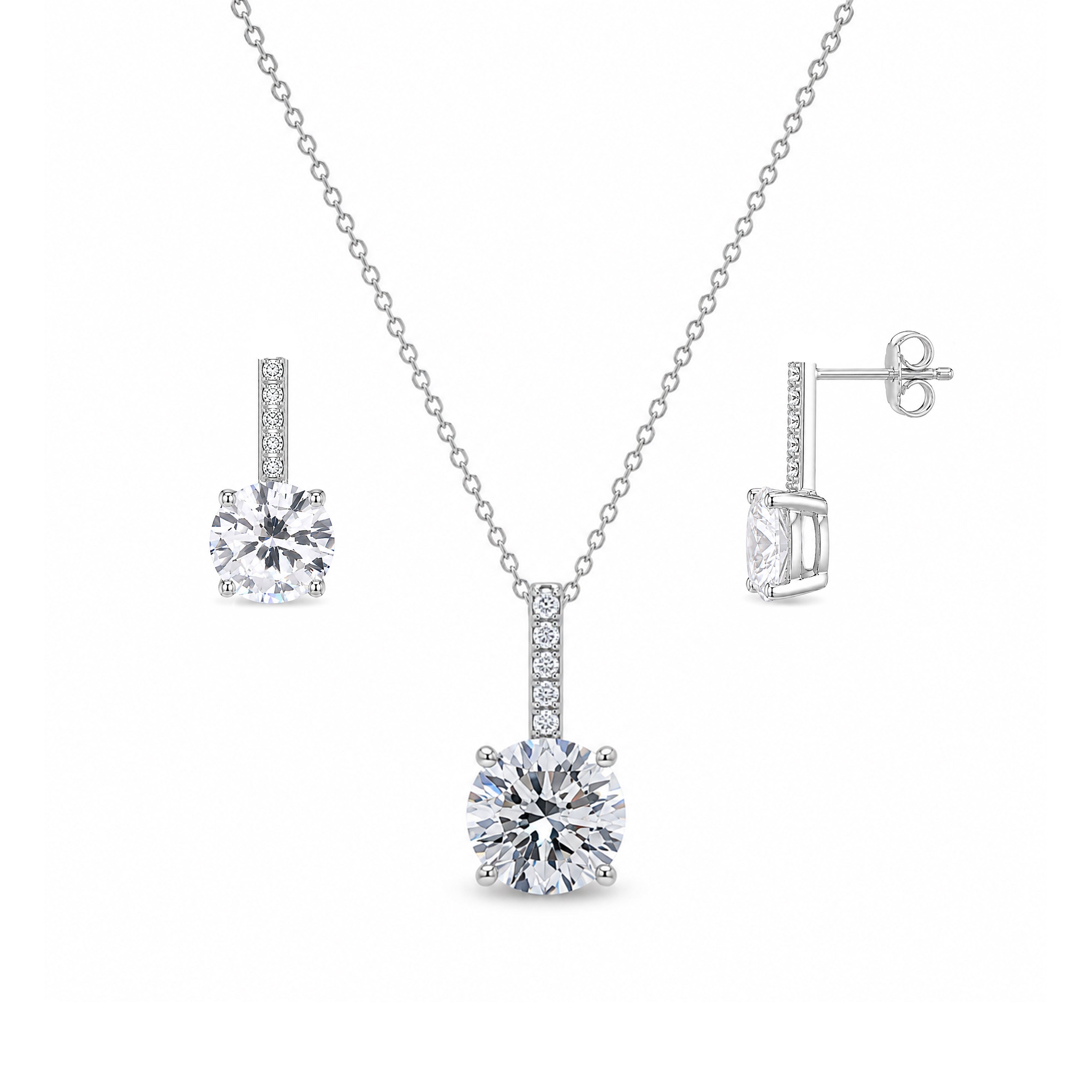 Rhodium Plated 925 Silver Round CZ Earring and Necklace Set - STS00233