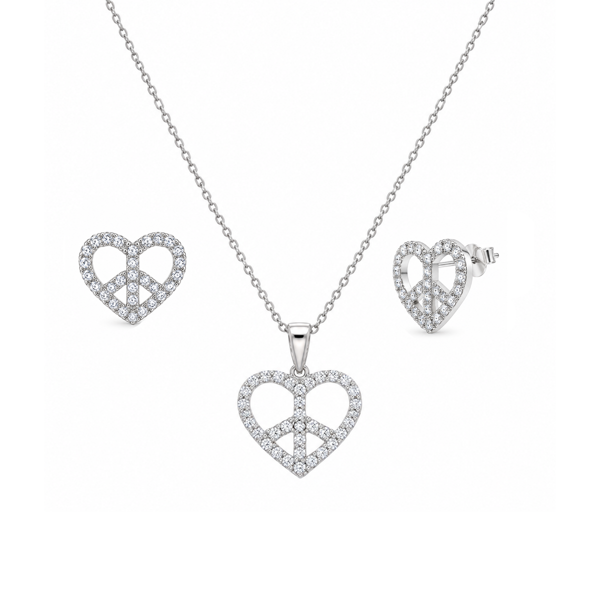 Clearance - Rhodium Plated 925 Sterling Silver CZ Heart Peace Sign Earring and Necklace Set - STS00235