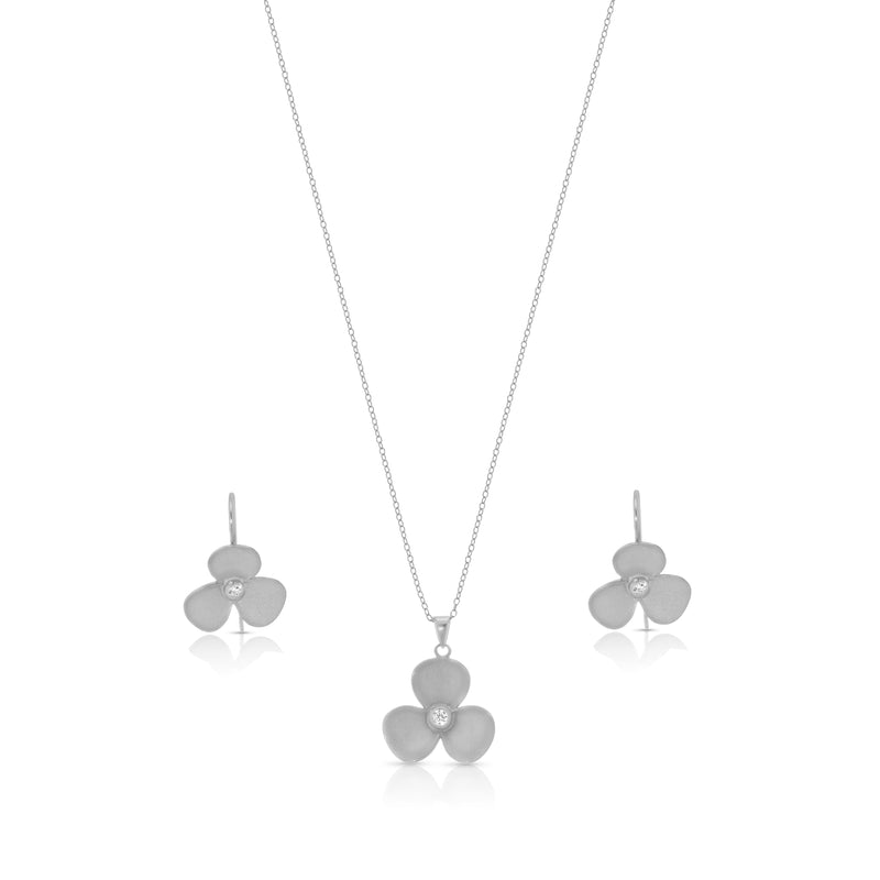 Clearance-Silver 925 Rhodium Plated Flower CZ Hook Earring and Necklace Set - STS00243