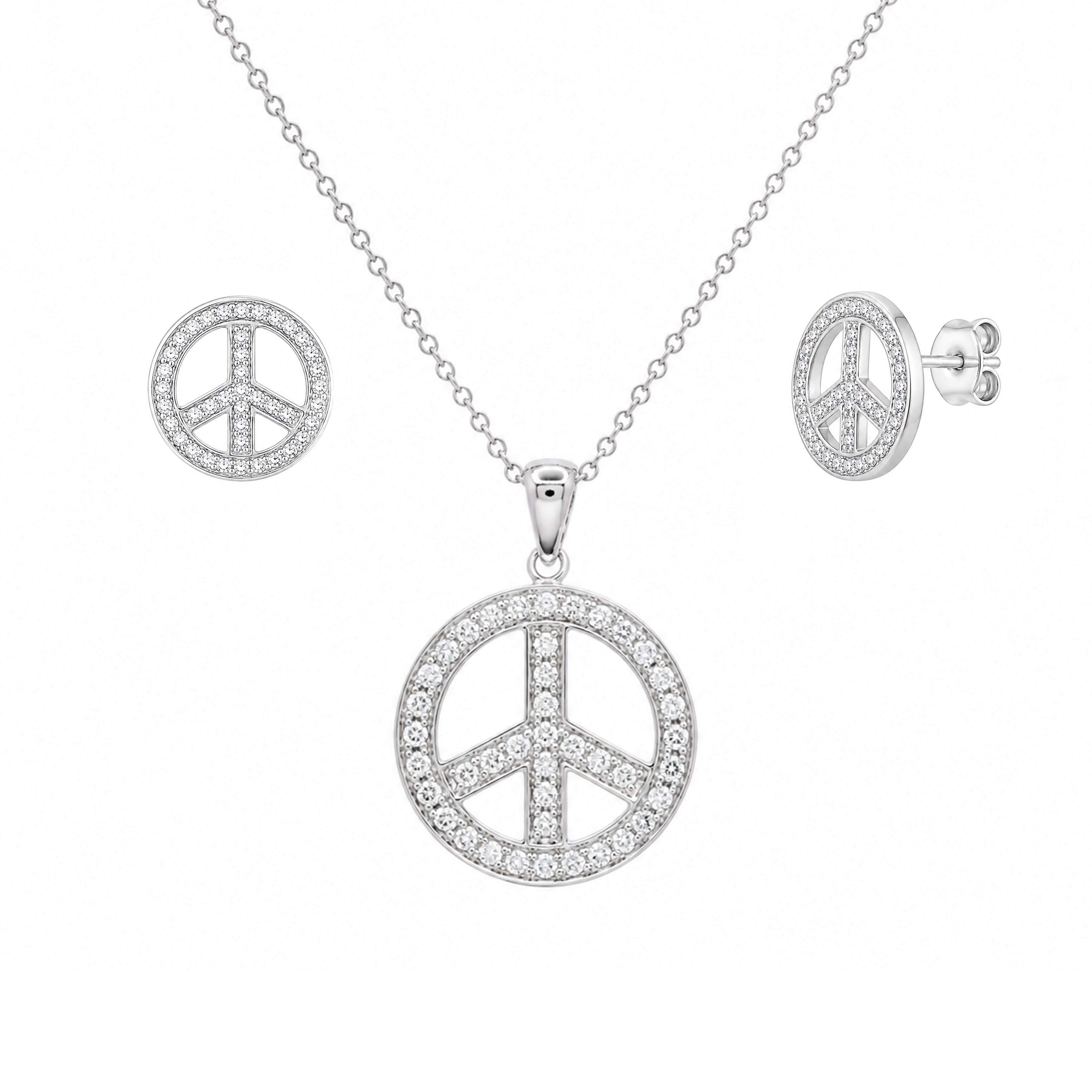 Rhodium Plated 925 Silver CZ Peace Symbol Earring and Necklace Set - STS00249