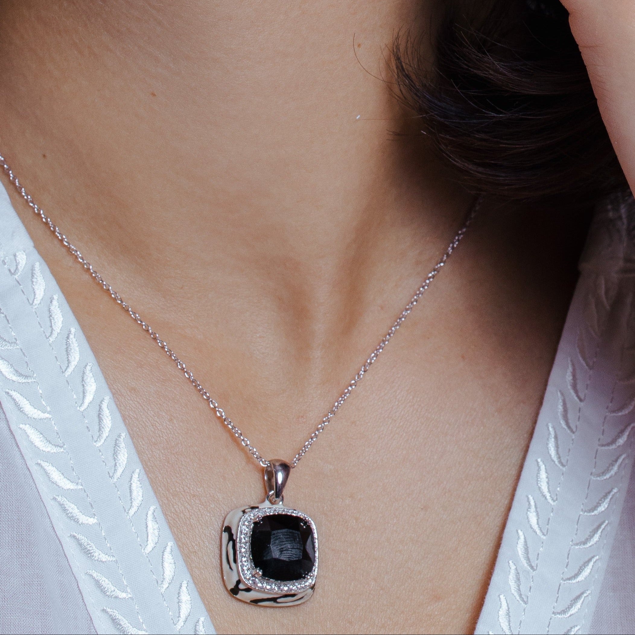 Clearance-Silver 925 Rhodium Plated Square Black CZ Stud Earring and Necklace Set - STS00253