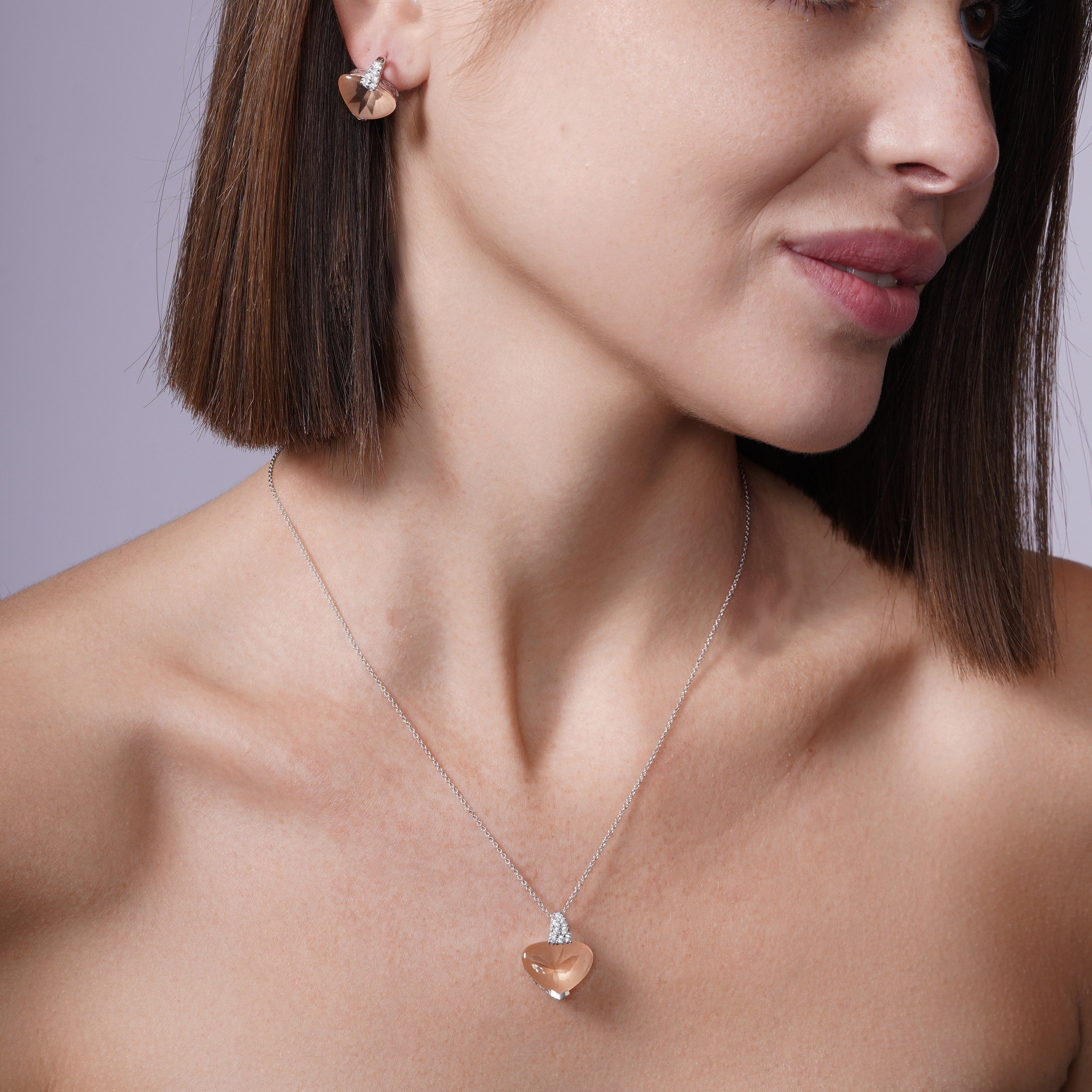 Clearance-Silver 925 Rhodium Plated Heart Champaign CZ Set - STS00270CHP