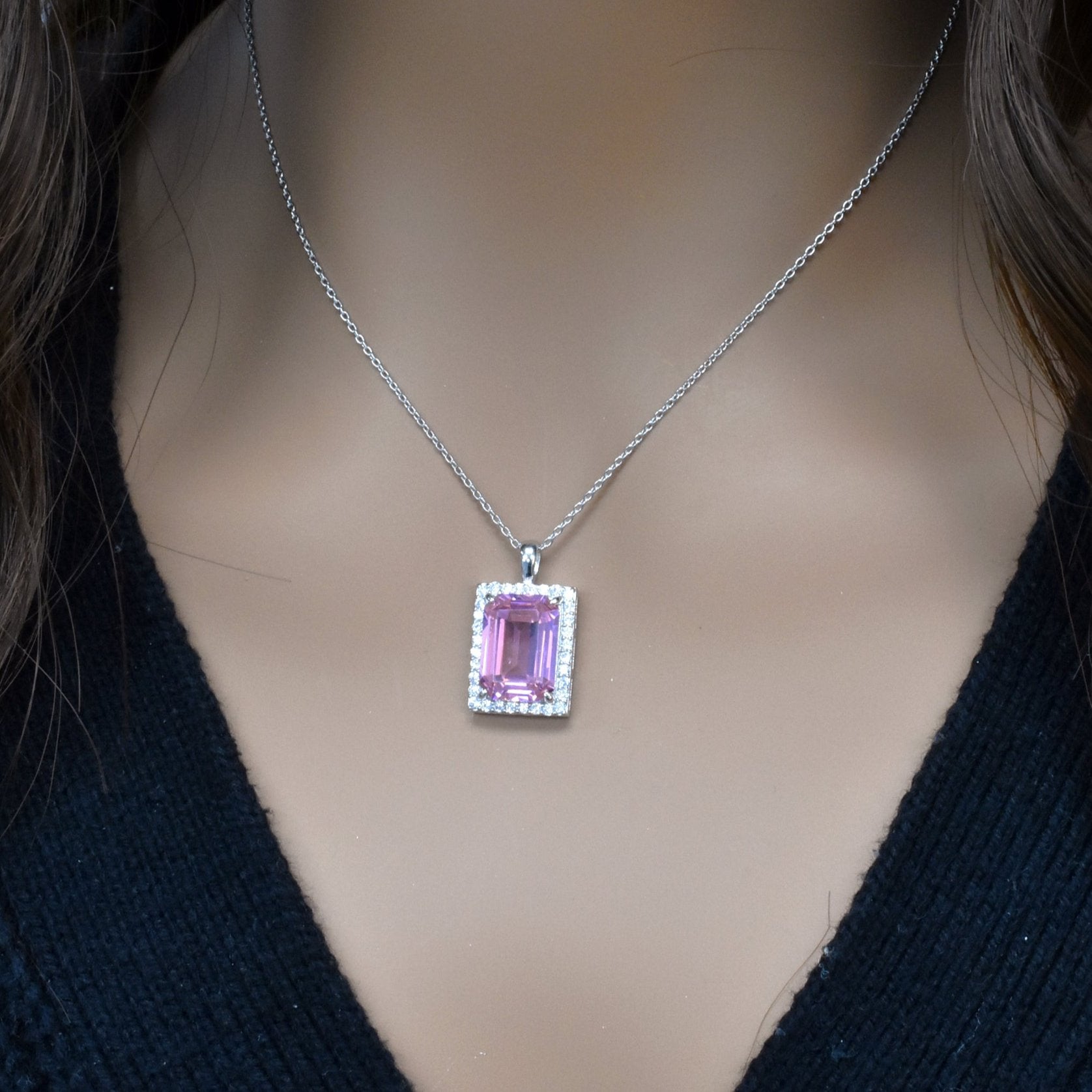 Juego de aretes y collar con circonita rosa rectangular chapado en rodio en plata 925 - STS00275-PNK