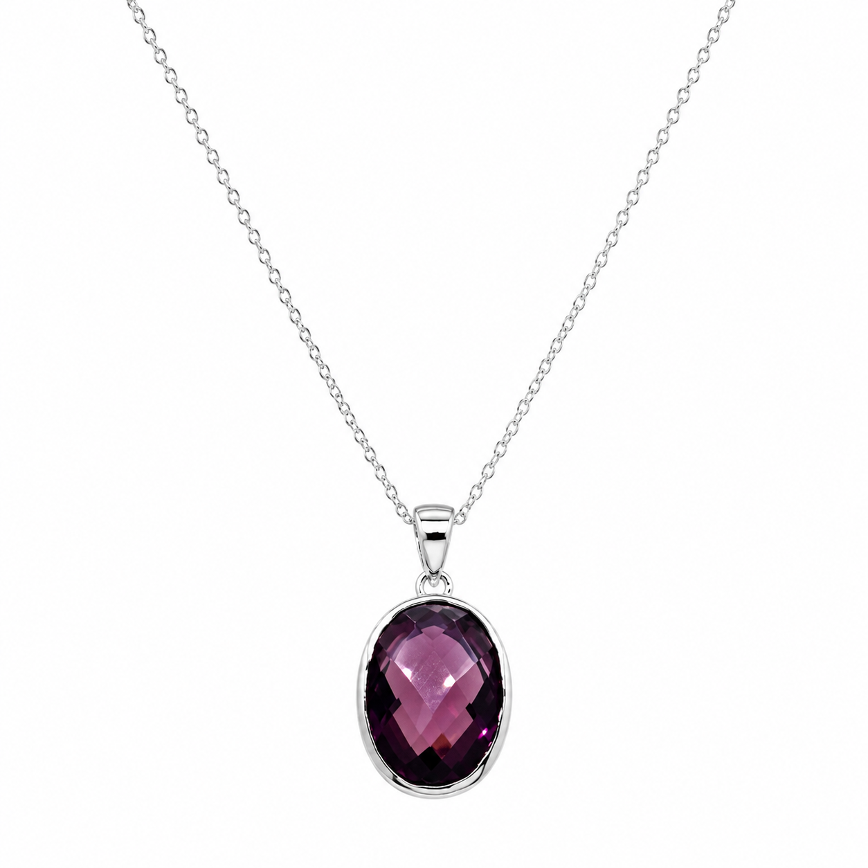 Rhodium Plated 925 Silver Oval Purple CZ Post Earring and Necklace Set - STS00288