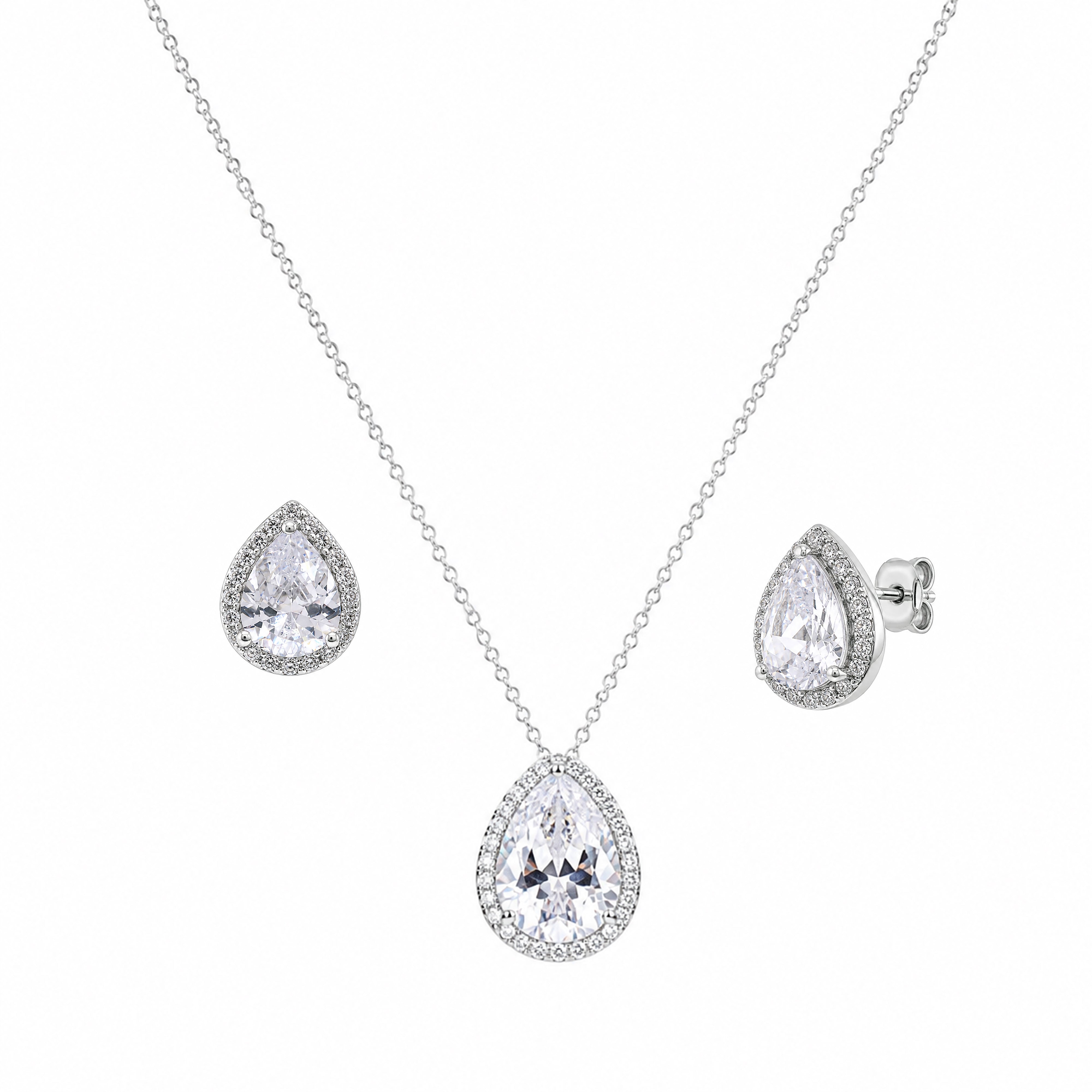 Rhodium Plated 925 Silver Clear Teardrop CZ Stud Earring and Necklace Set - STS00290