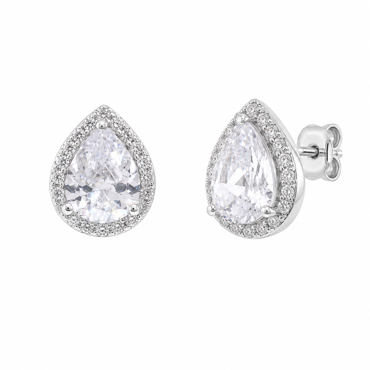 Rhodium Plated 925 Silver Clear Teardrop CZ Stud Earring and Necklace Set - STS00290