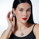 Clearance-Silver 925 Rhodium Plated Flower Round Black CZ Dangling Stud Earring and Necklace Set - STS00294