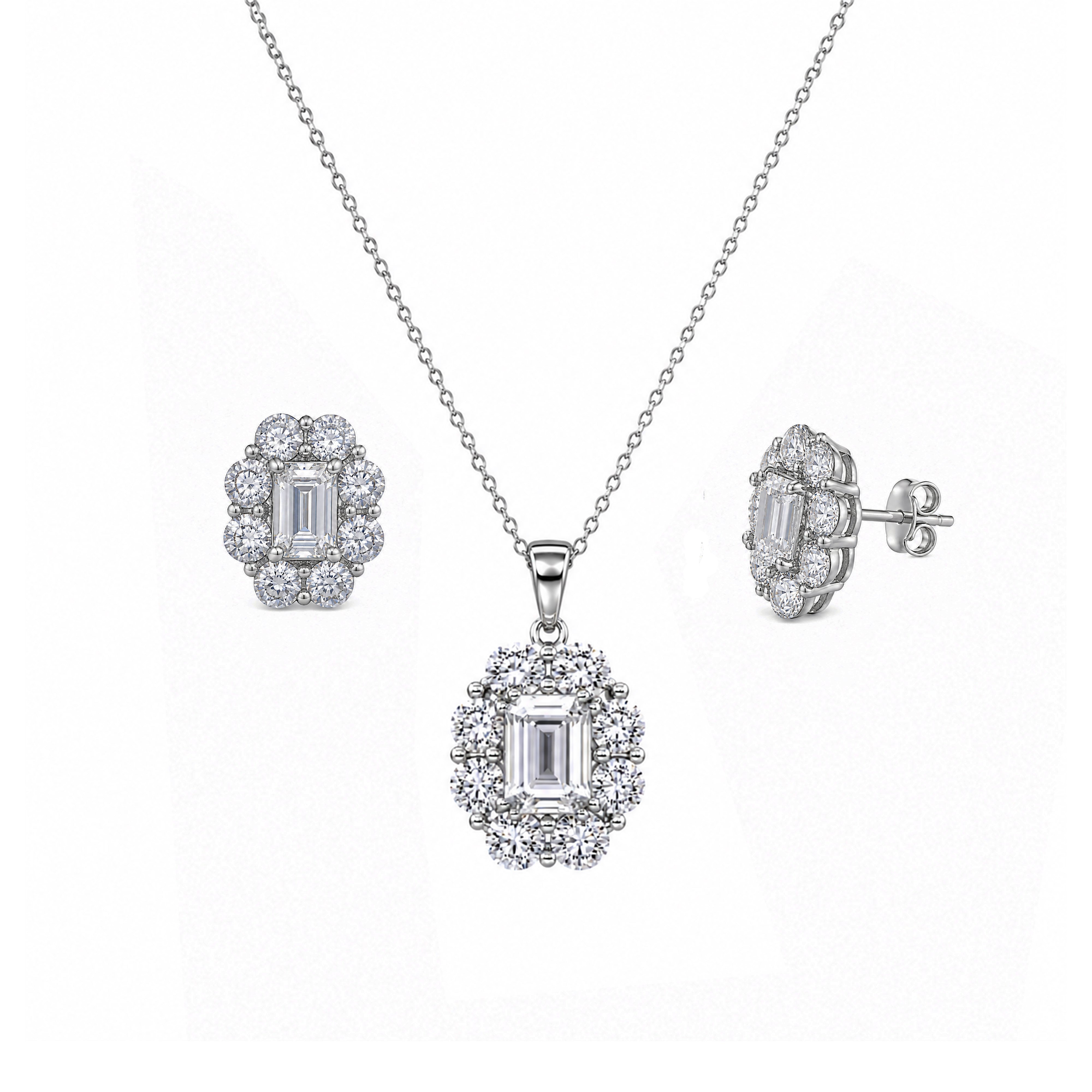 Rhodium Plated 925 Silver Round Emerald CZ Flower Stud Earring and Necklace Set - STS00296