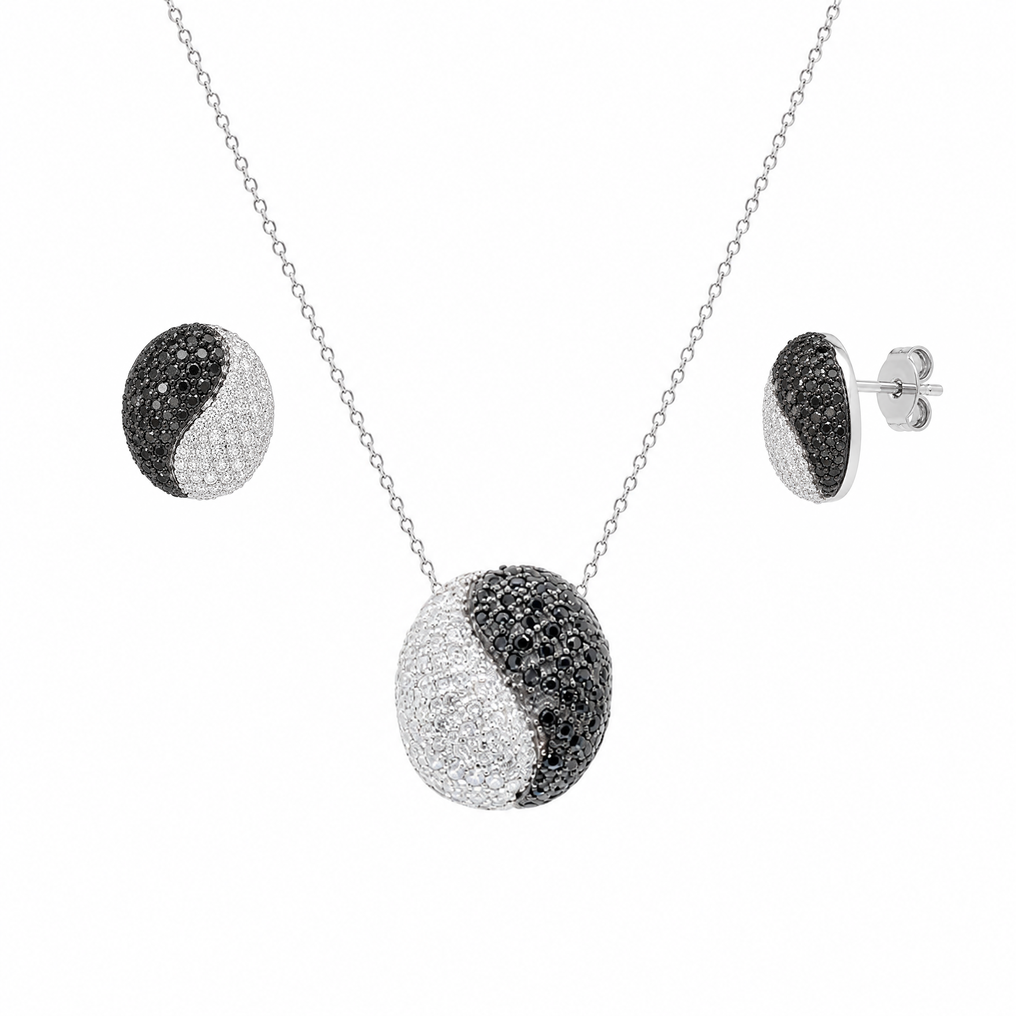 Final Price-Rhodium Plated 925 Sterling Silver Black & White CZ Yin Yang Round Pendant & Stud Earring Jewelry Set- STS00313