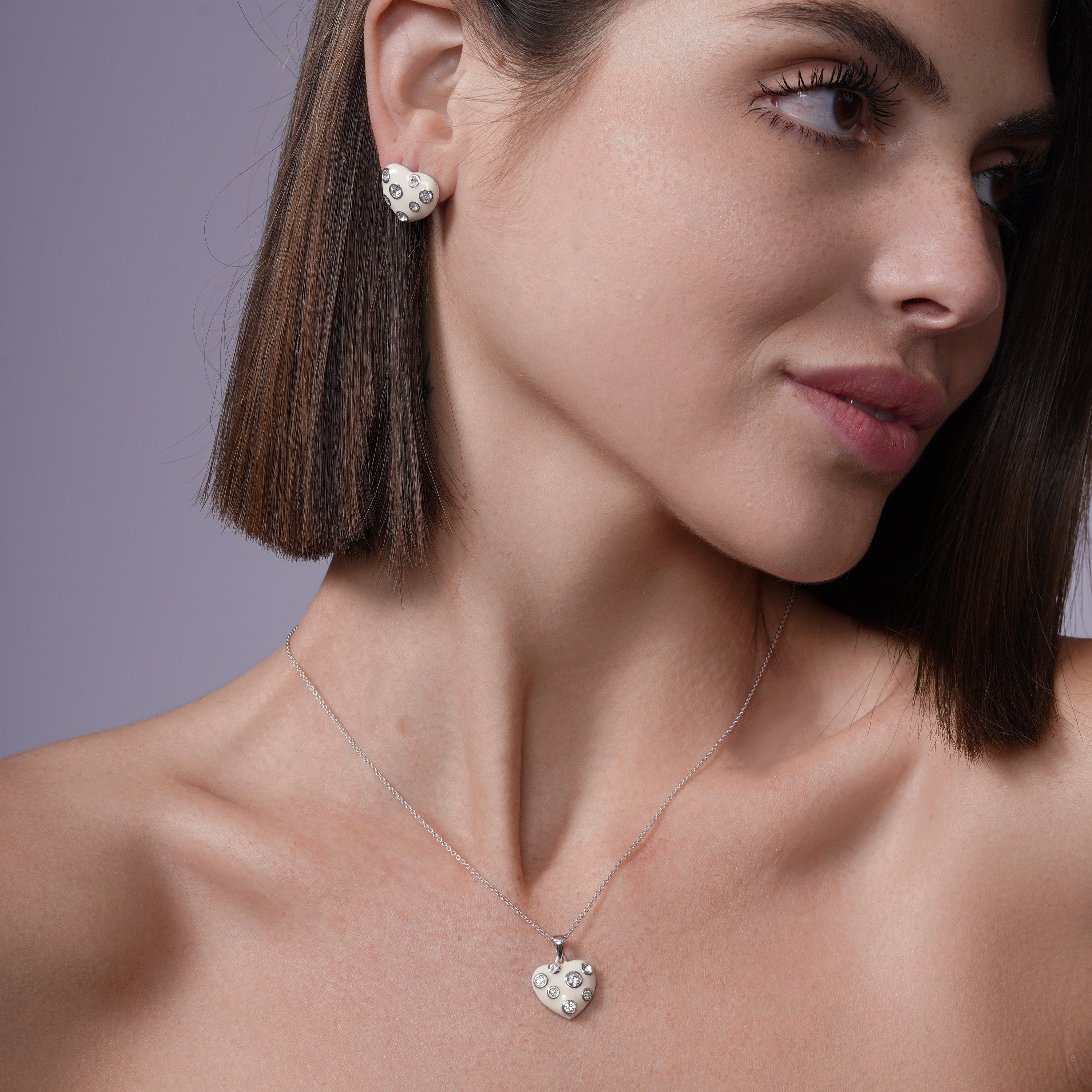 Clearance-Silver 925 Rhodium Plated Heart White Enamel Clear CZ Stud Earring and Necklace Set - STS00315