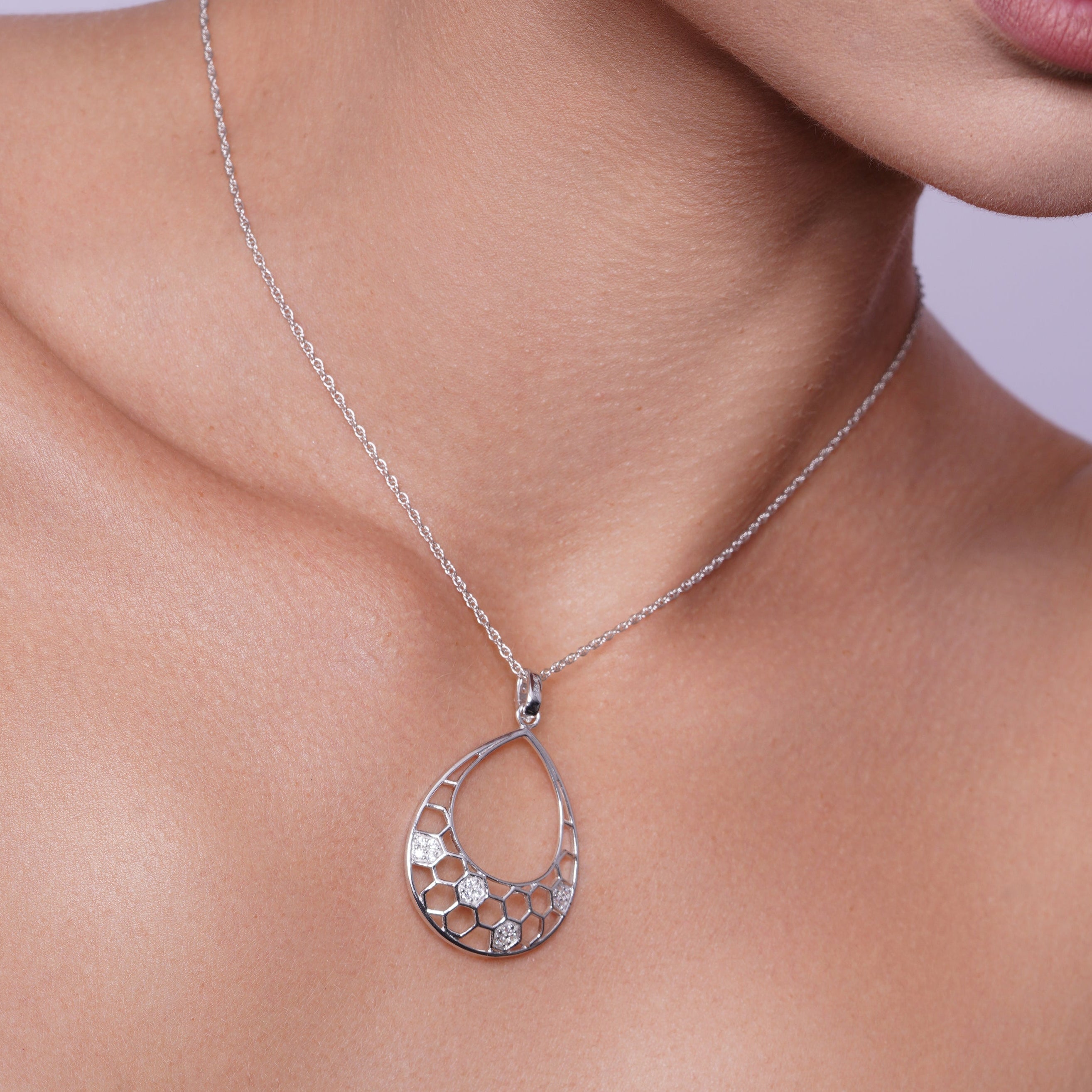 Clearance-Silver 925 Rhodium Plated Open Teardrop CZ Dangling Hook Earring and Necklace Set - STS00316