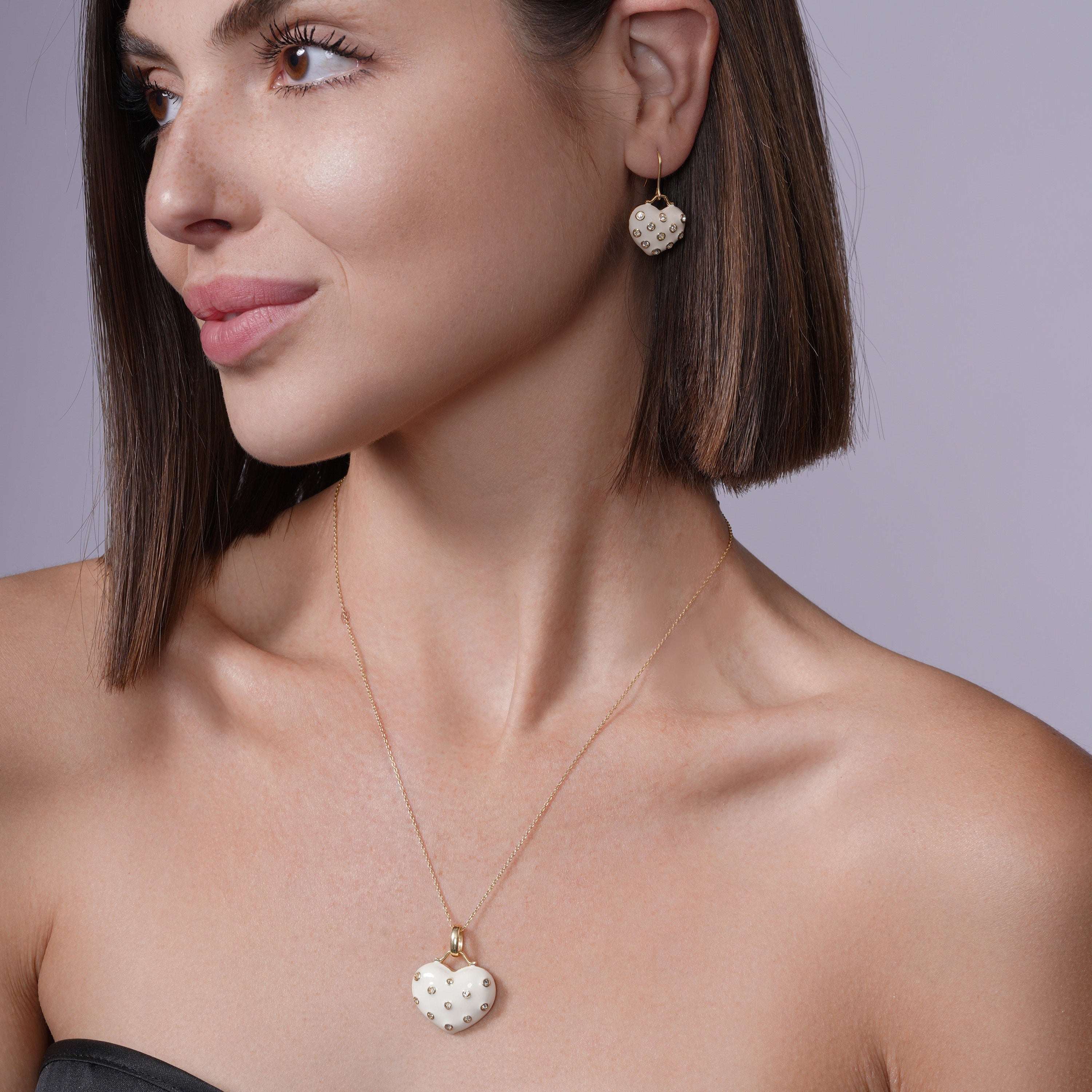 Clearance-Silver 925 Rhodium Plated Heart White Enamel Clear CZ Dangling Hook Earring and Necklace Set - STS00317