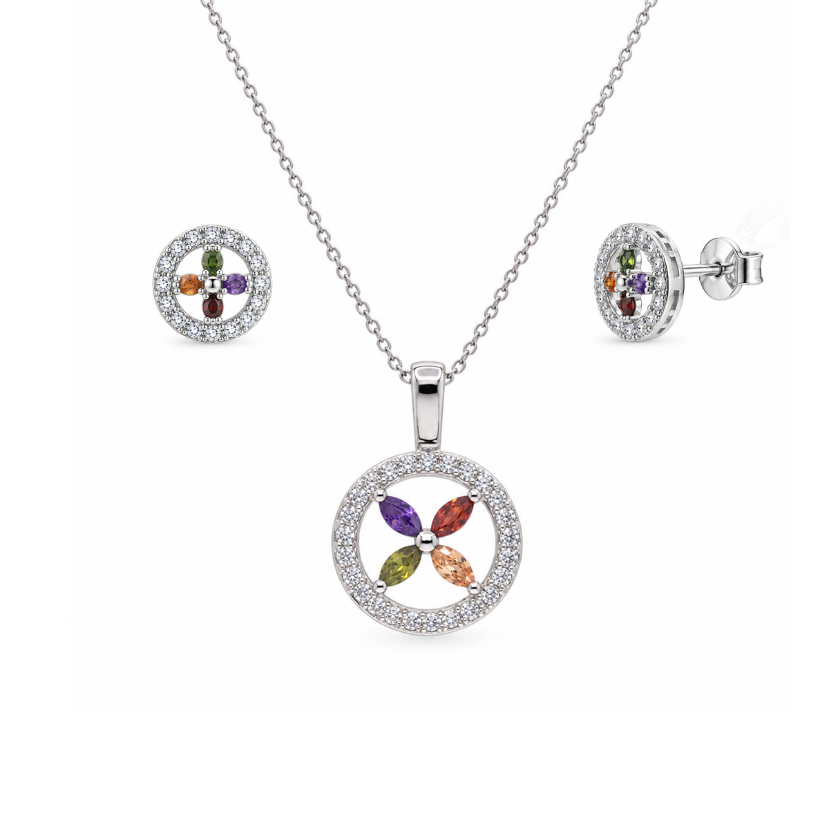 Juego de aretes y collar con circonita cúbica y flor multicolor con círculo abierto chapado en rodio en plata 925 - STS00319