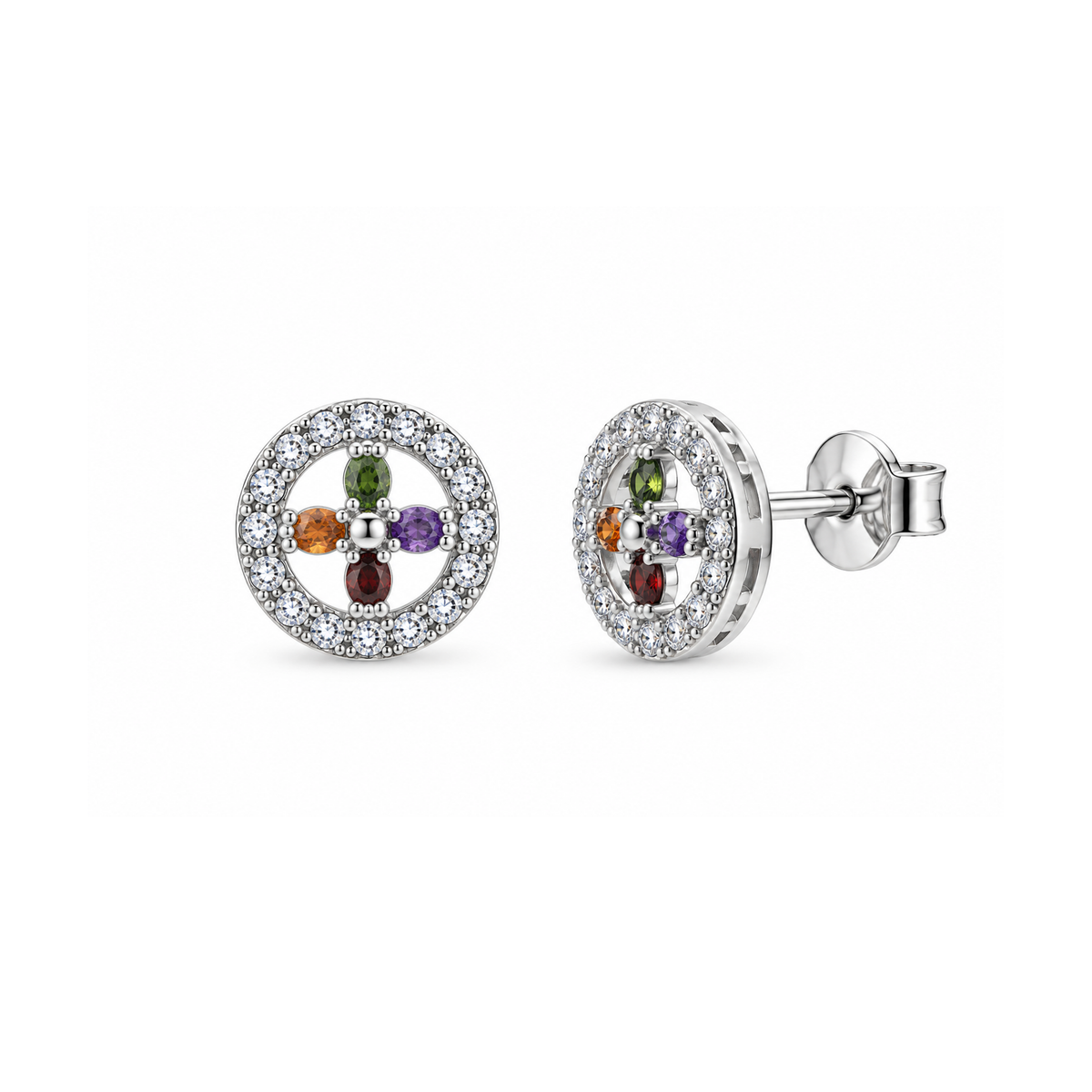 Juego de aretes y collar con circonita cúbica y flor multicolor con círculo abierto chapado en rodio en plata 925 - STS00319