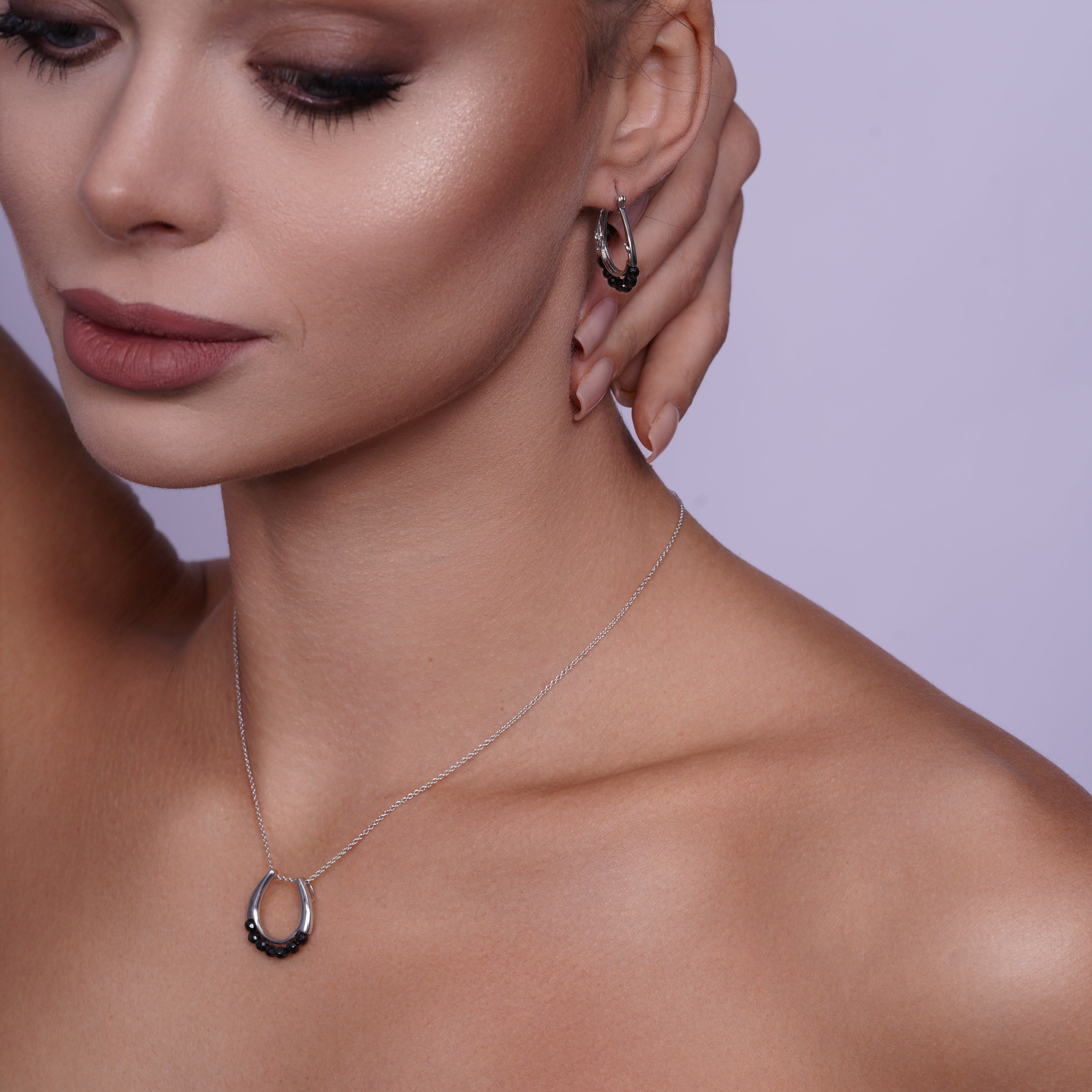 Clearance-Silver 925 Rhodium Plated Open Round Black Ball CZ Hoop Set - STS00345