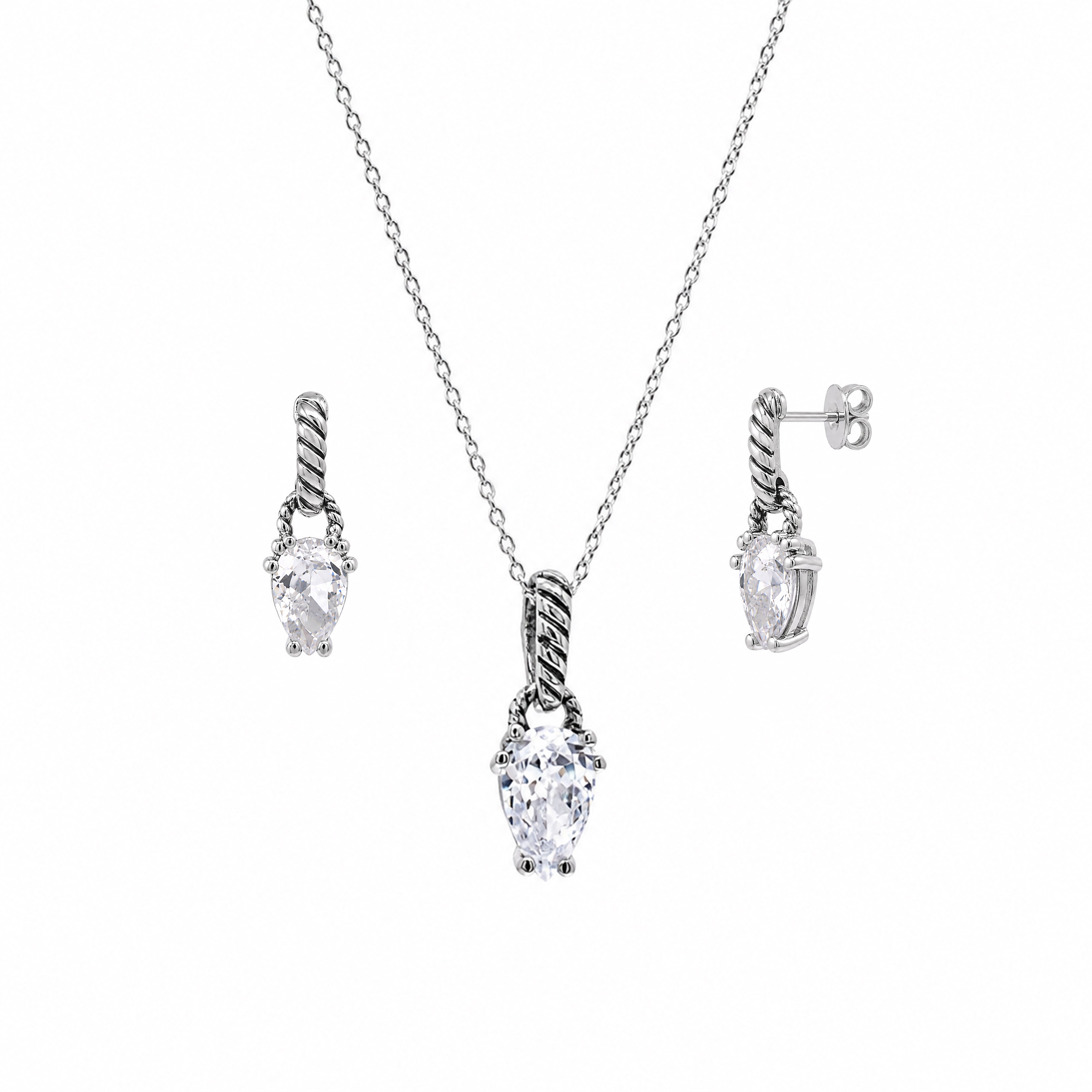 Rhodium Plated 925 Silver Teardrop CZ Dangling Stud Earring and Necklace Set - STS00353