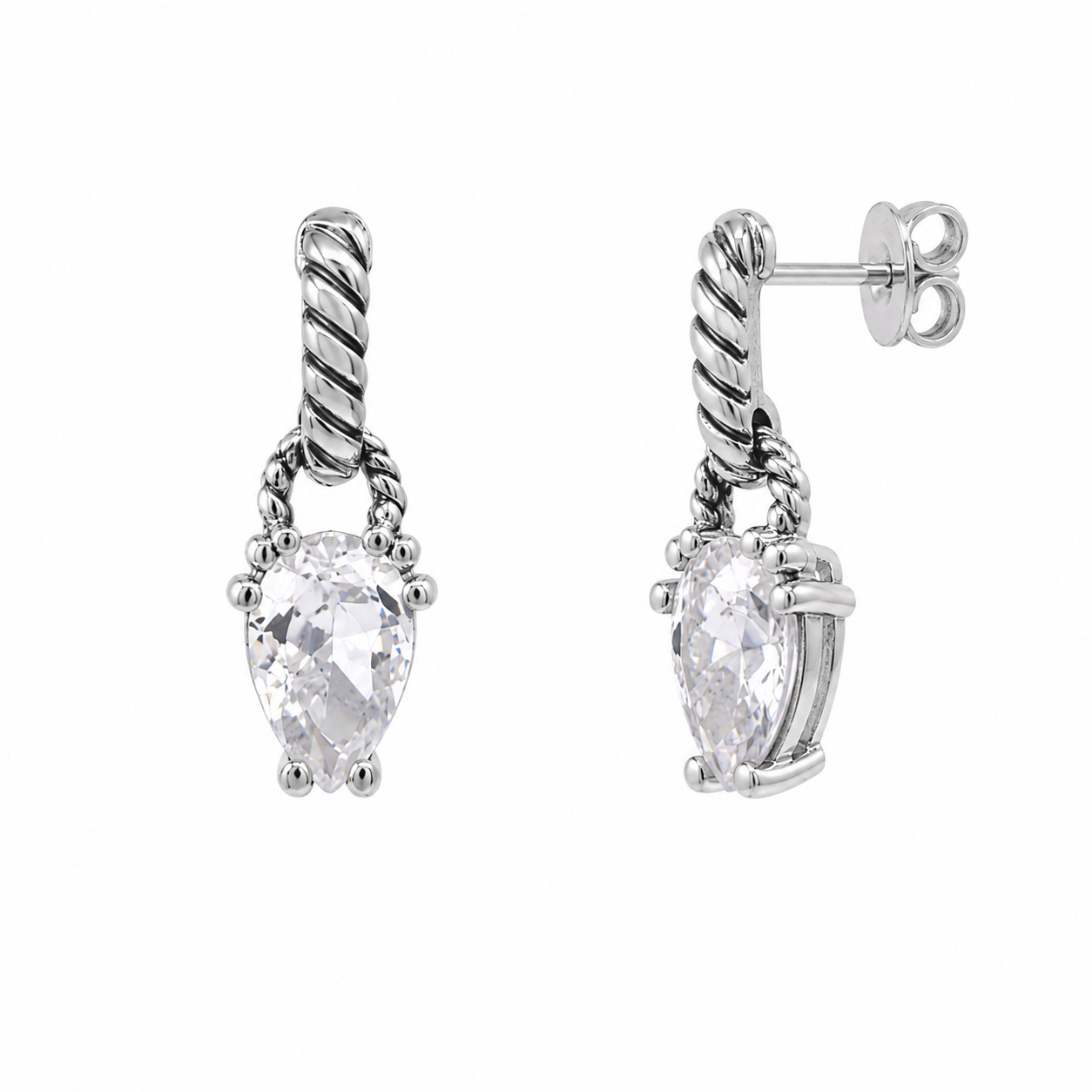 Rhodium Plated 925 Silver Teardrop CZ Dangling Stud Earring and Necklace Set - STS00353