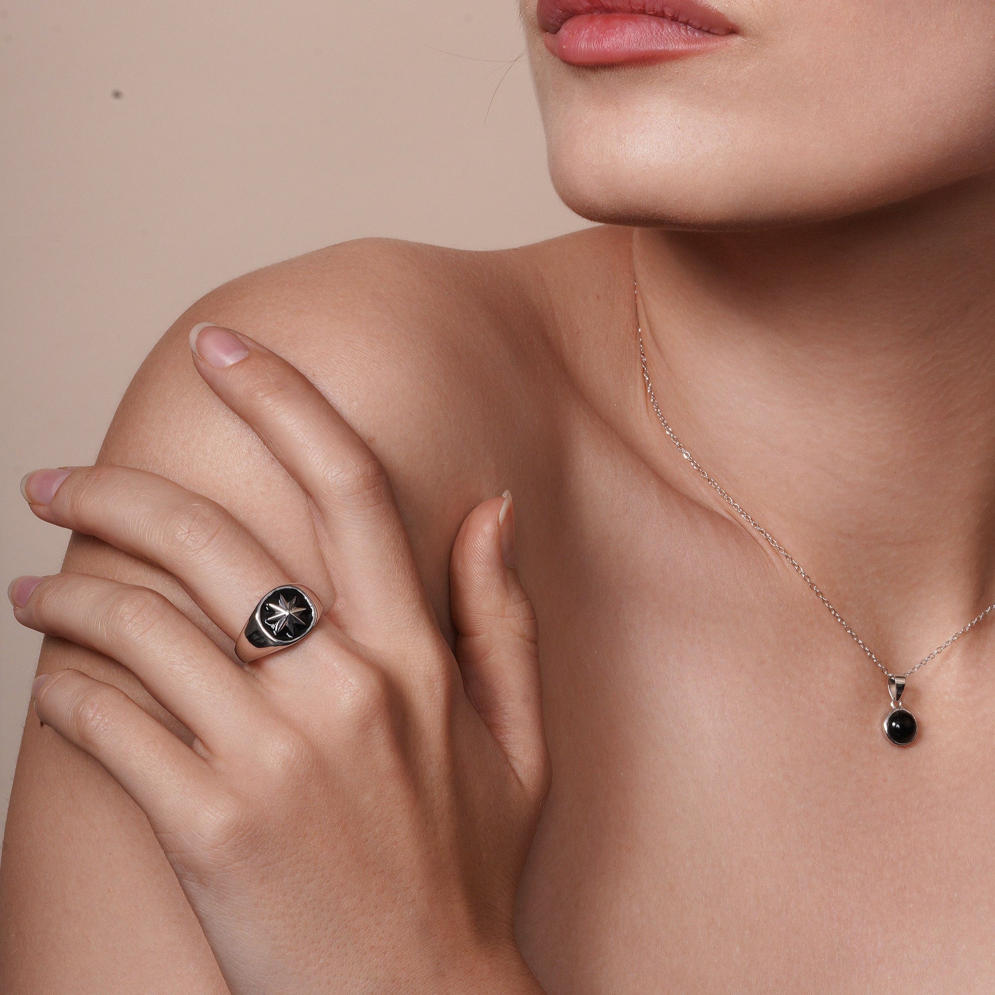 ブラックスターsilverring Silver 925 High Polished Octagram Star Black Enamel Ring