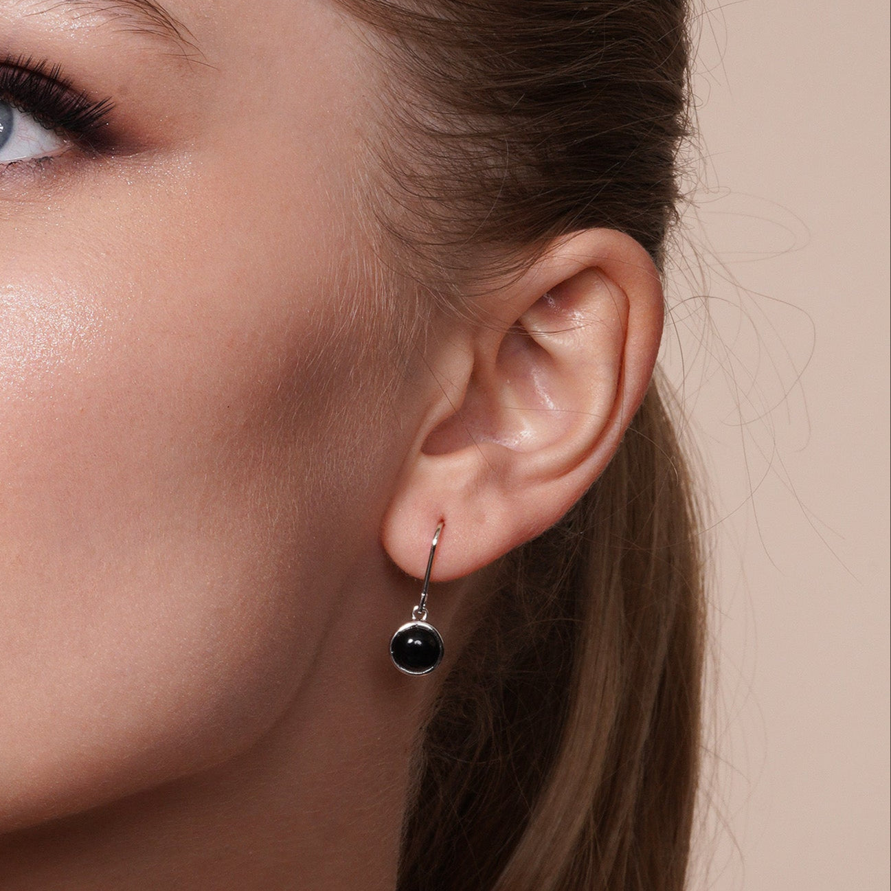 Juego de aretes y collar con gancho colgante de circonita cúbica de ónix negro redondo chapado en rodio de plata 925 - STS00356