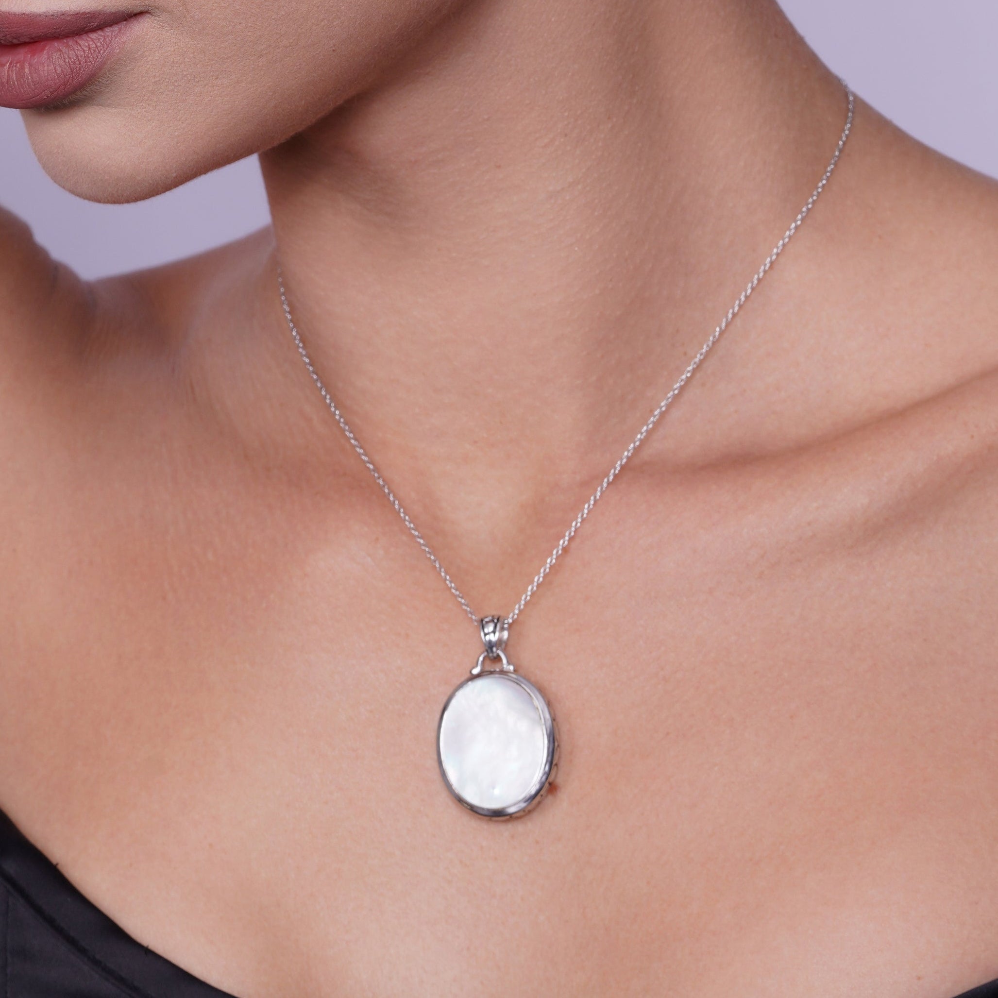 Clearance-Silver 925 Rhodium Plated White Oval Mother of Pearl CZ Stud Earring and Necklace Set - STS00369