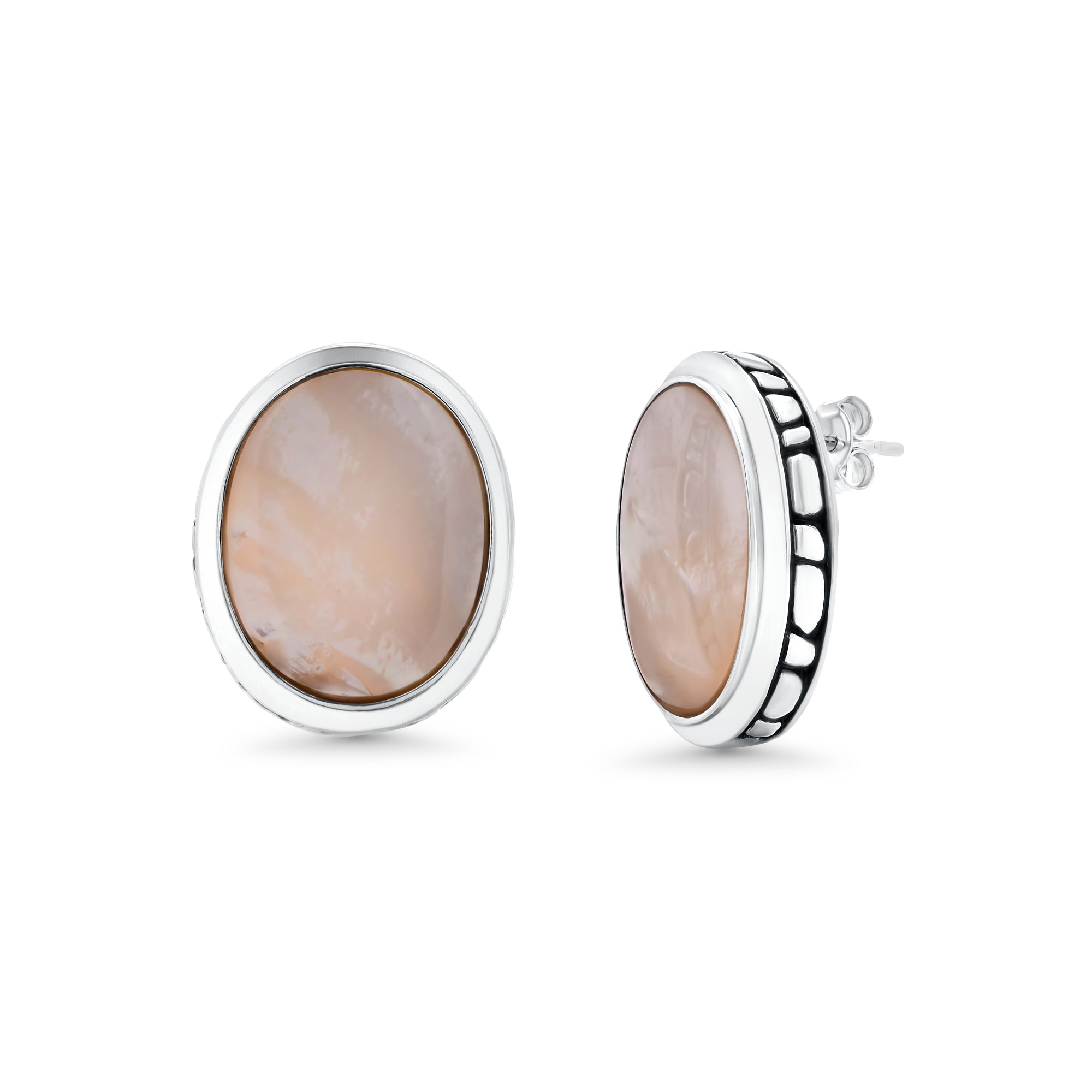 Clearance-Silver 925 Rhodium Plated White Oval Mother of Pearl CZ Stud Earring and Necklace Set - STS00369