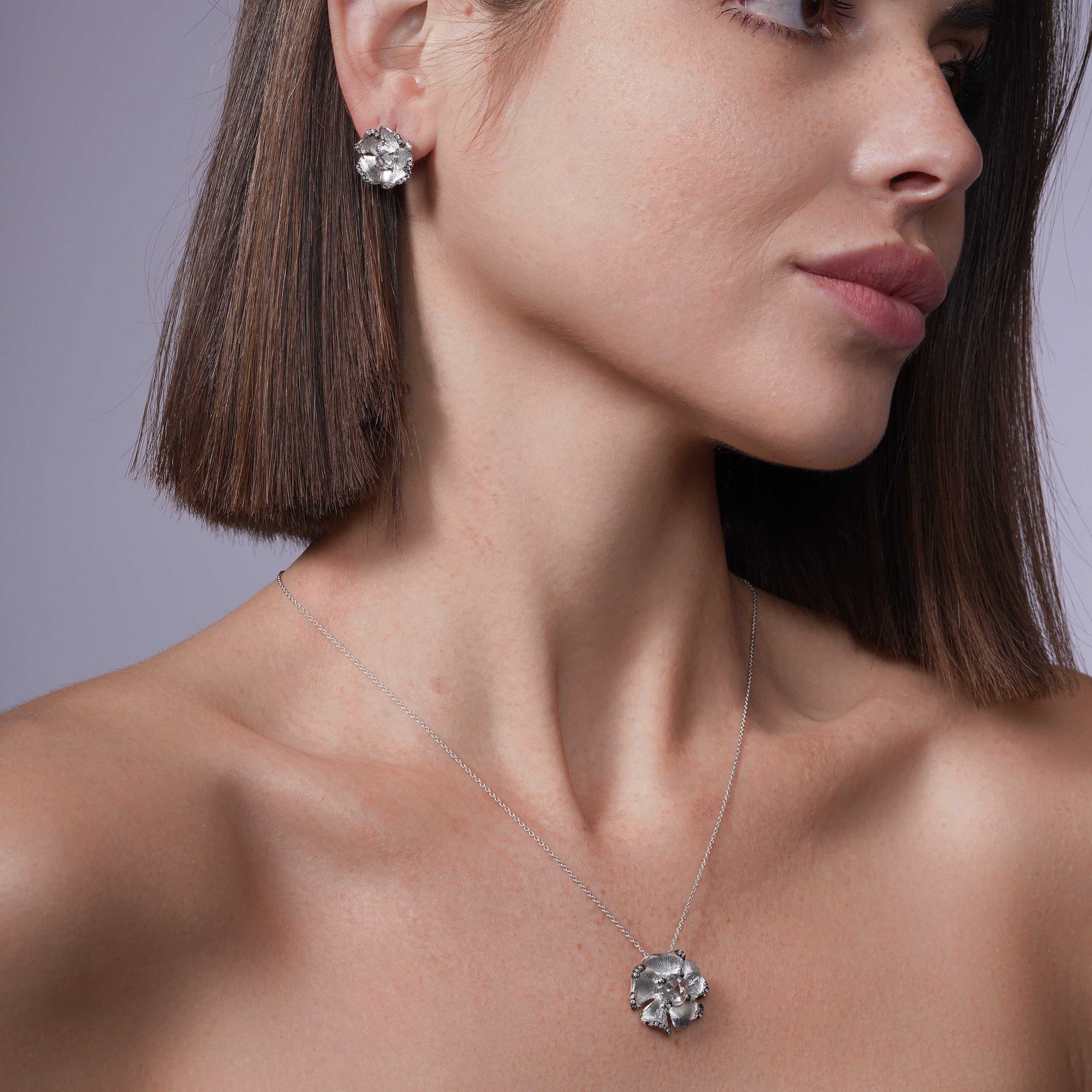 Clearance-Silver 925 Rhodium Plated Matte Finish Flower CZ Set - STS00371