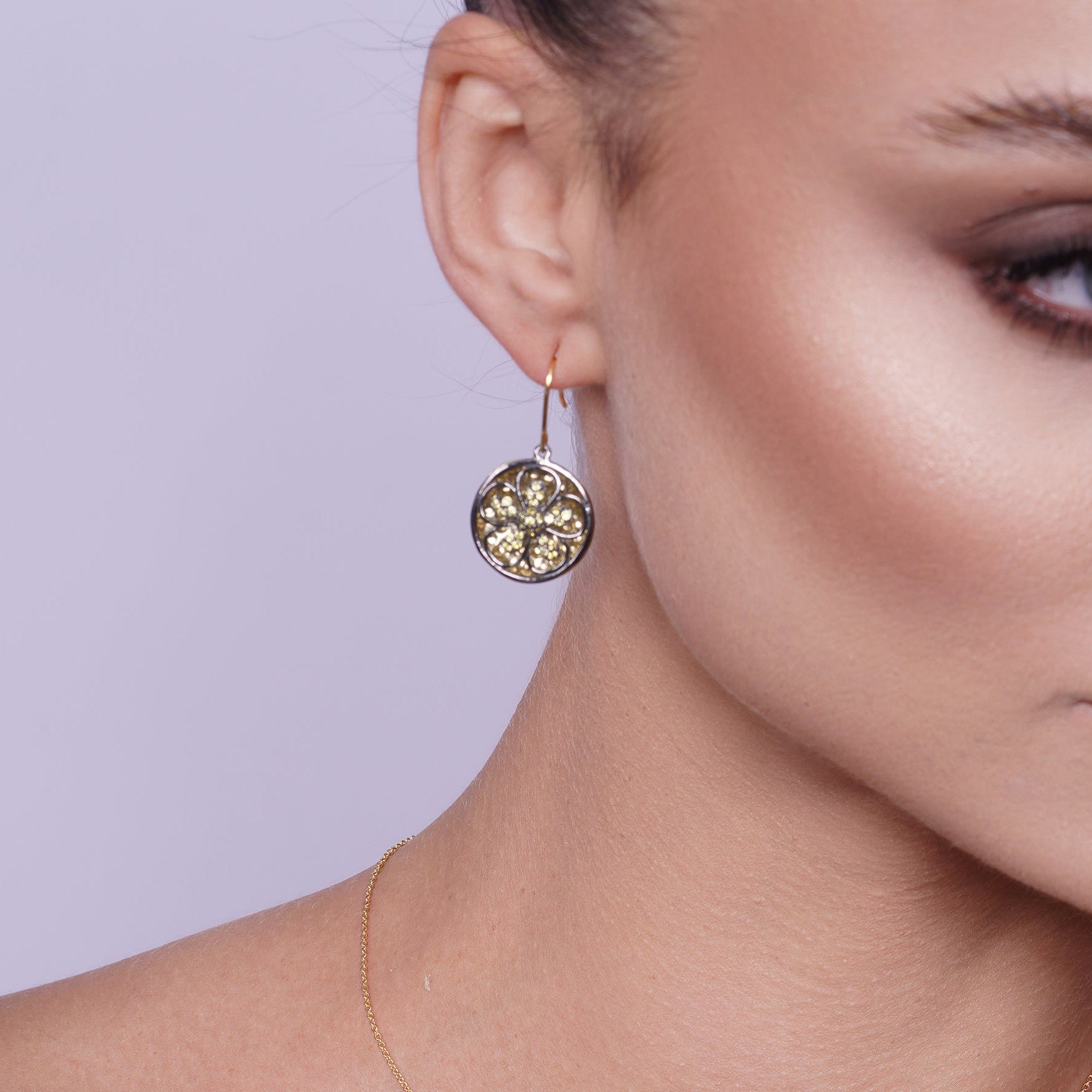 Clearance-Silver 925 Black Rhodium Gold Plated Flower CZ Dangling Stud Earring and Necklace Set - STS00375