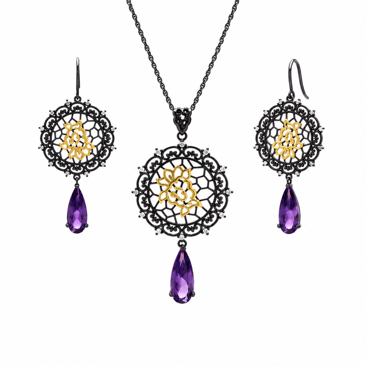 Liquidación - Conjunto de pendientes y collar colgantes de gancho con circonitas cúbicas y flor redonda de plata 925 con baño de rodio negro - STS00395