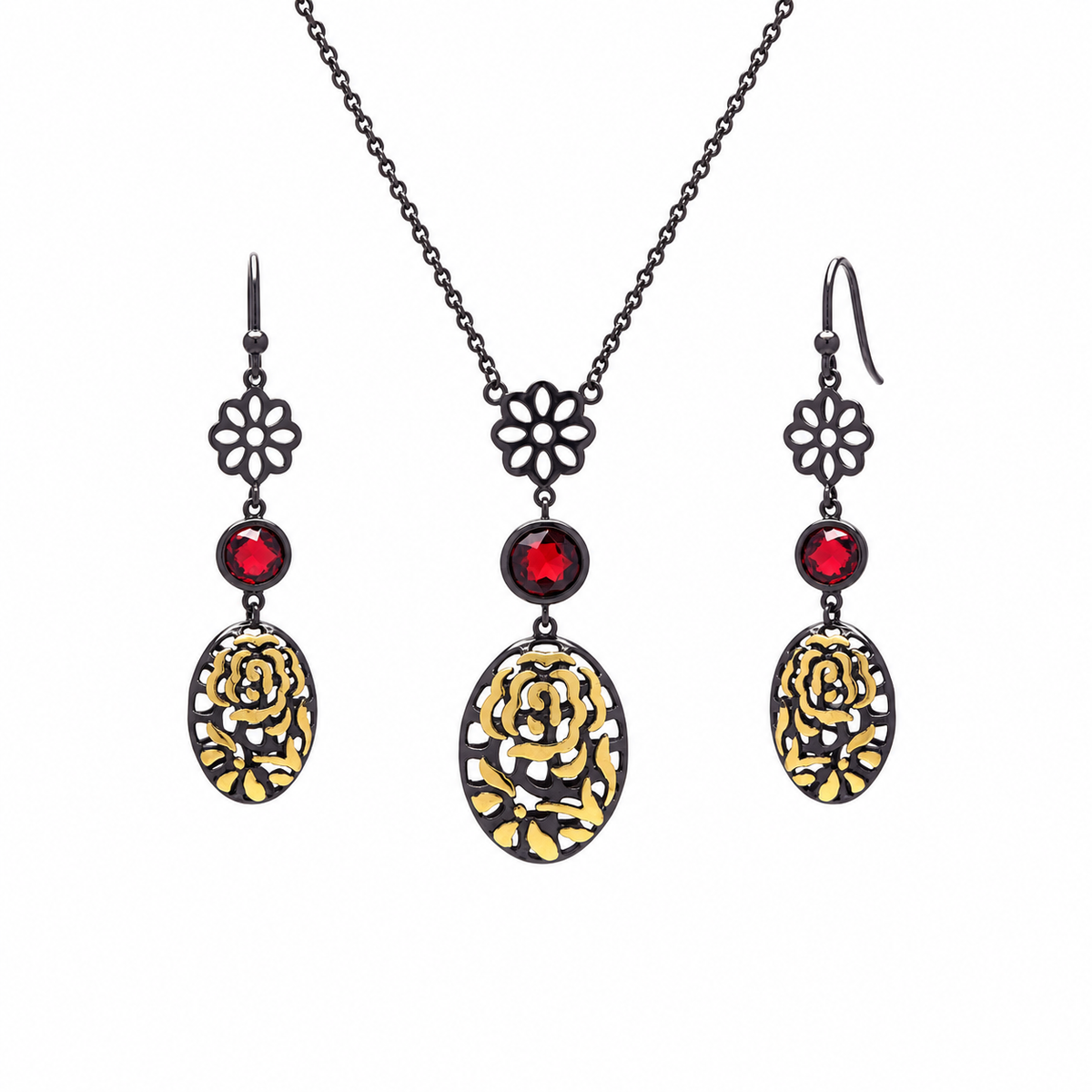 Liquidación - Conjunto de pendientes y collar con filigrana de flor de circonita roja y baño de rodio negro en plata 925 - STS00396
