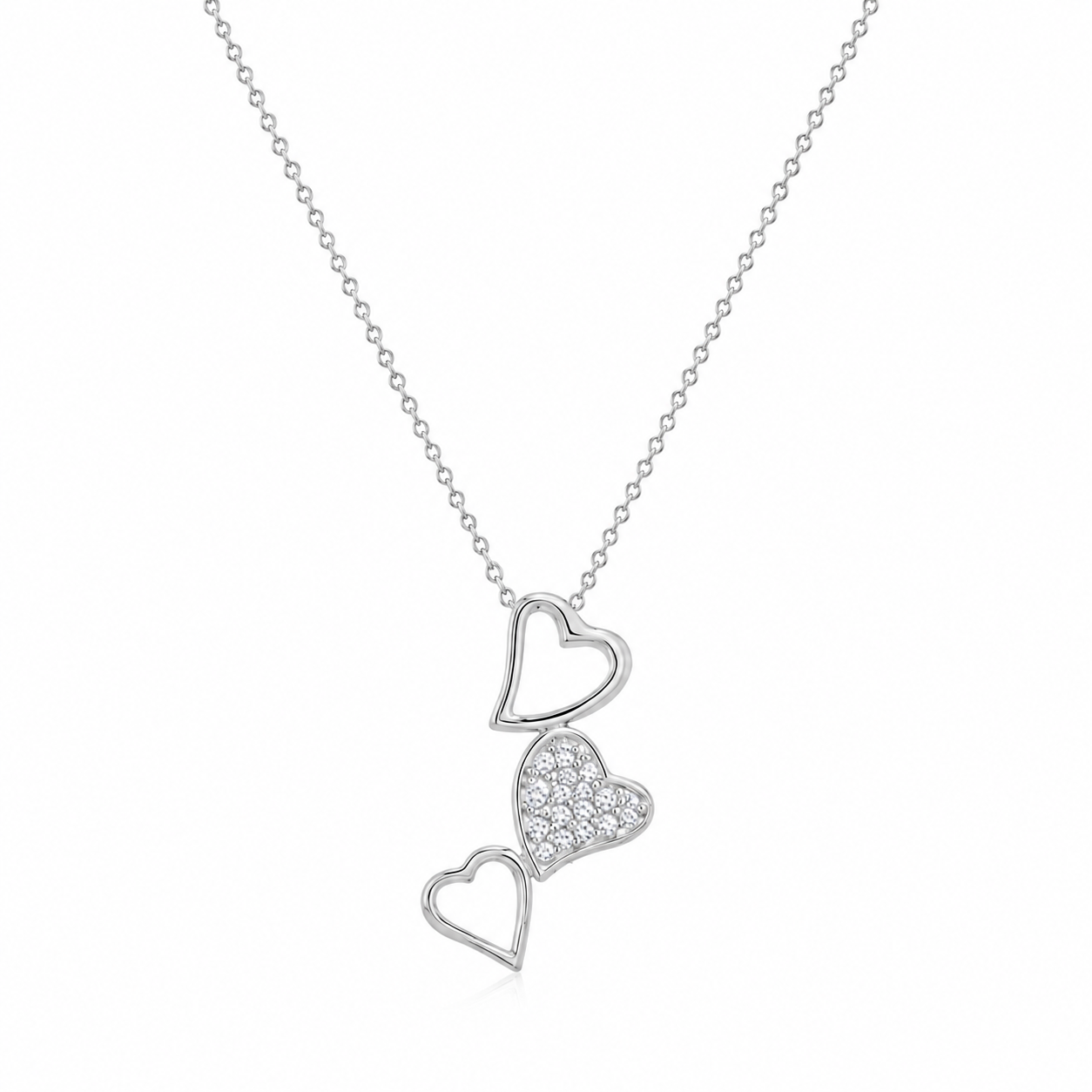 Conjunto de collar y aretes colgantes con múltiples circonitas cúbicas de corazón abierto chapado en rodio en plata 925 - STS00418