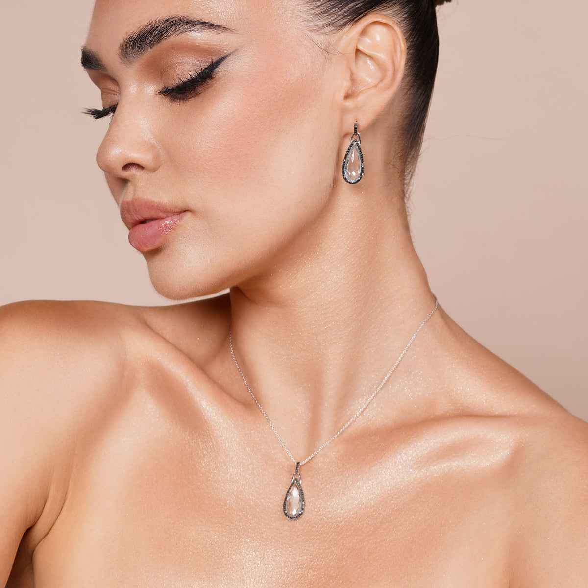Black Rhodium Plated 925 Sterling Silver Blue Topaz Teardrop CZ Dangle Earring and Necklace Matching Set - STS00472