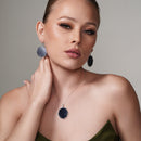 Silver 925 Rhodium Plated Black Octagon CZ Dangling Hook Earring and Necklace Set - STS00482