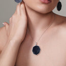 Silver 925 Rhodium Plated Black Octagon CZ Dangling Hook Earring and Necklace Set - STS00482